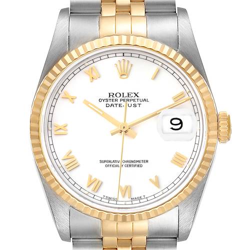 The image shows a front view of a Rolex Datejust watch, displaying the face, bezel, and part of the bracelet.