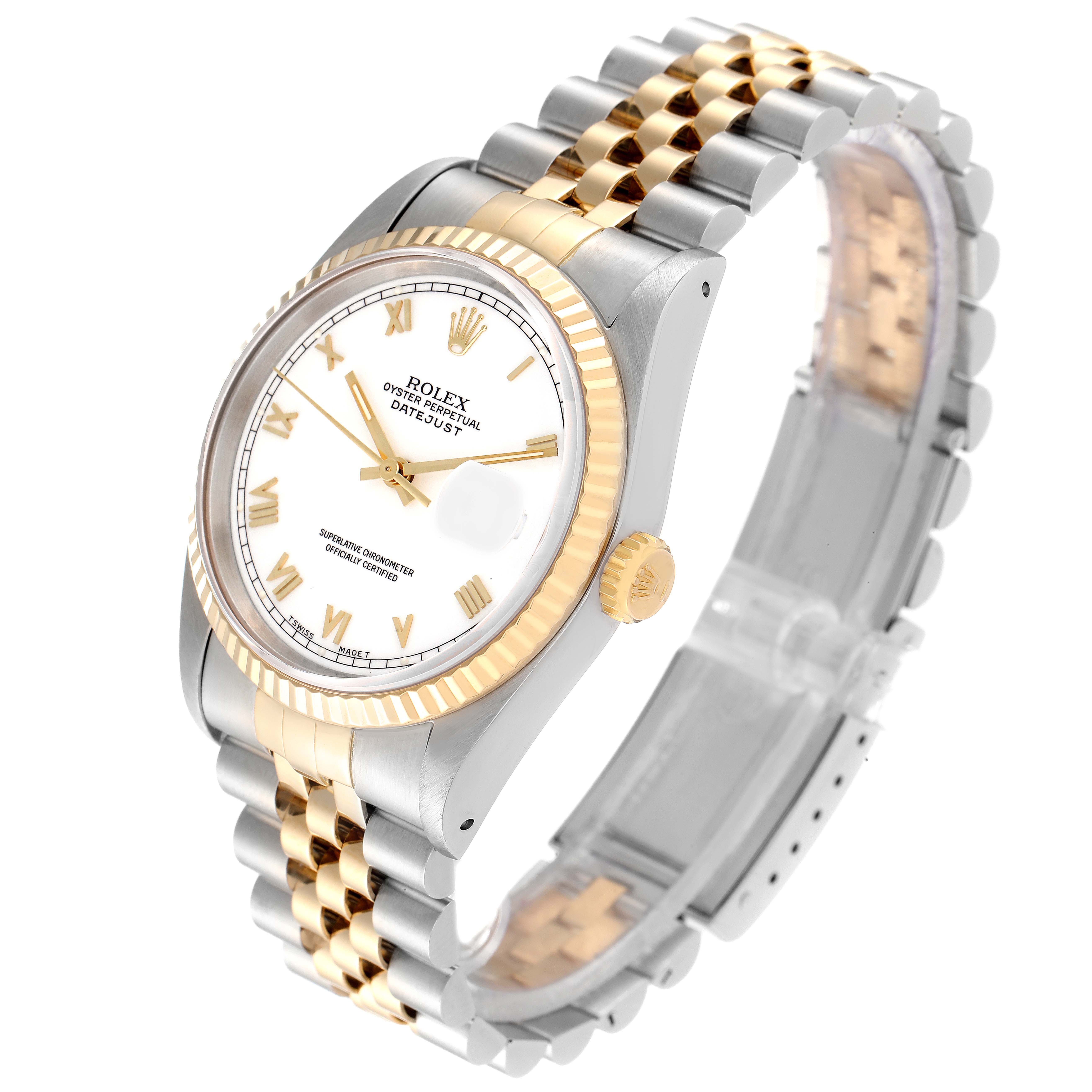 The image shows a Rolex Datejust 16233 Men's Steel and Gold (two tone) White Dial 16233 Men's Steel and Gold (two tone) White Dial watch at a three-quarter angle, highlighting its face, bezel, crown, and bracelet.