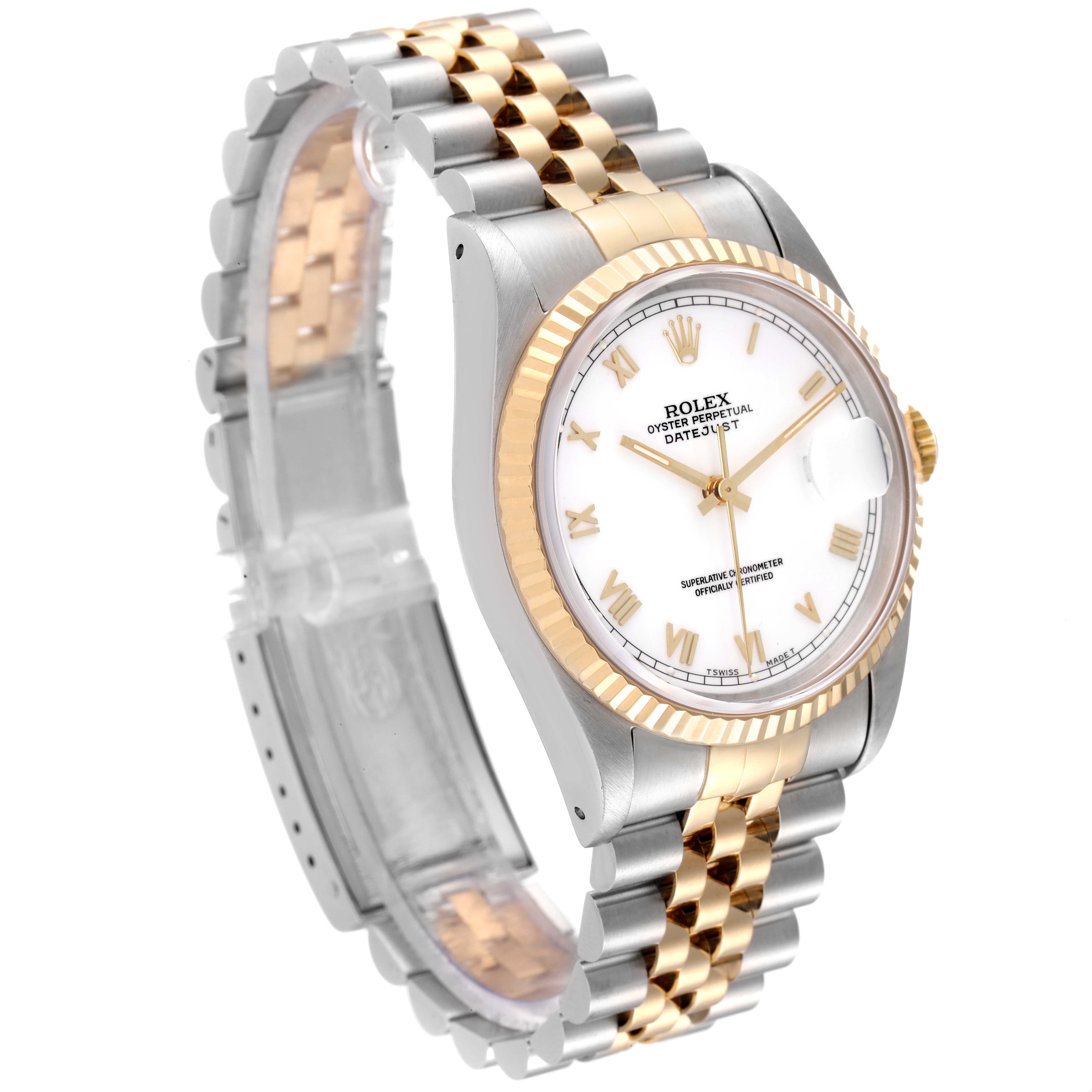 This image shows an angled side view of a Rolex Datejust 16233 Men's Steel and Gold (two tone) White Dial 16233 Men's Steel and Gold (two tone) White Dial watch, highlighting its two-tone bracelet and white dial with Roman numerals.