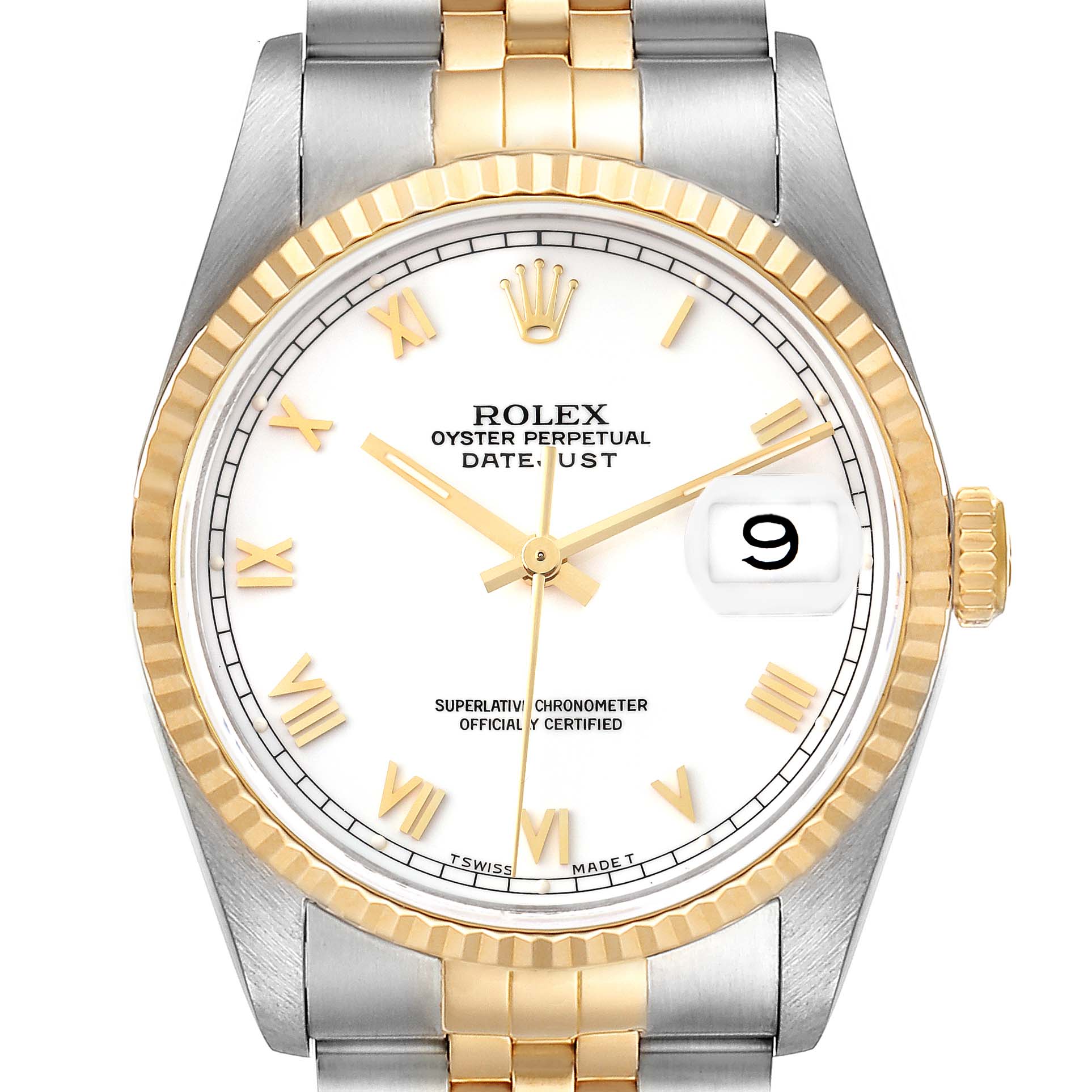 The image shows a front view of a Rolex Datejust 16233 Men's Steel and Gold (two tone) White Dial 16233 Men's Steel and Gold (two tone) White Dial watch, highlighting its gold and silver bracelet, dial, and fluted bezel.