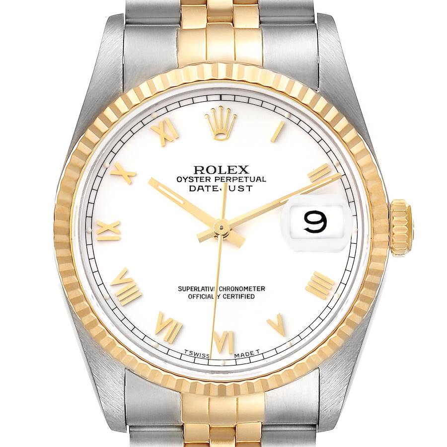 The image shows a front view of a Rolex Datejust watch, highlighting its gold and silver bracelet, dial, and fluted bezel.