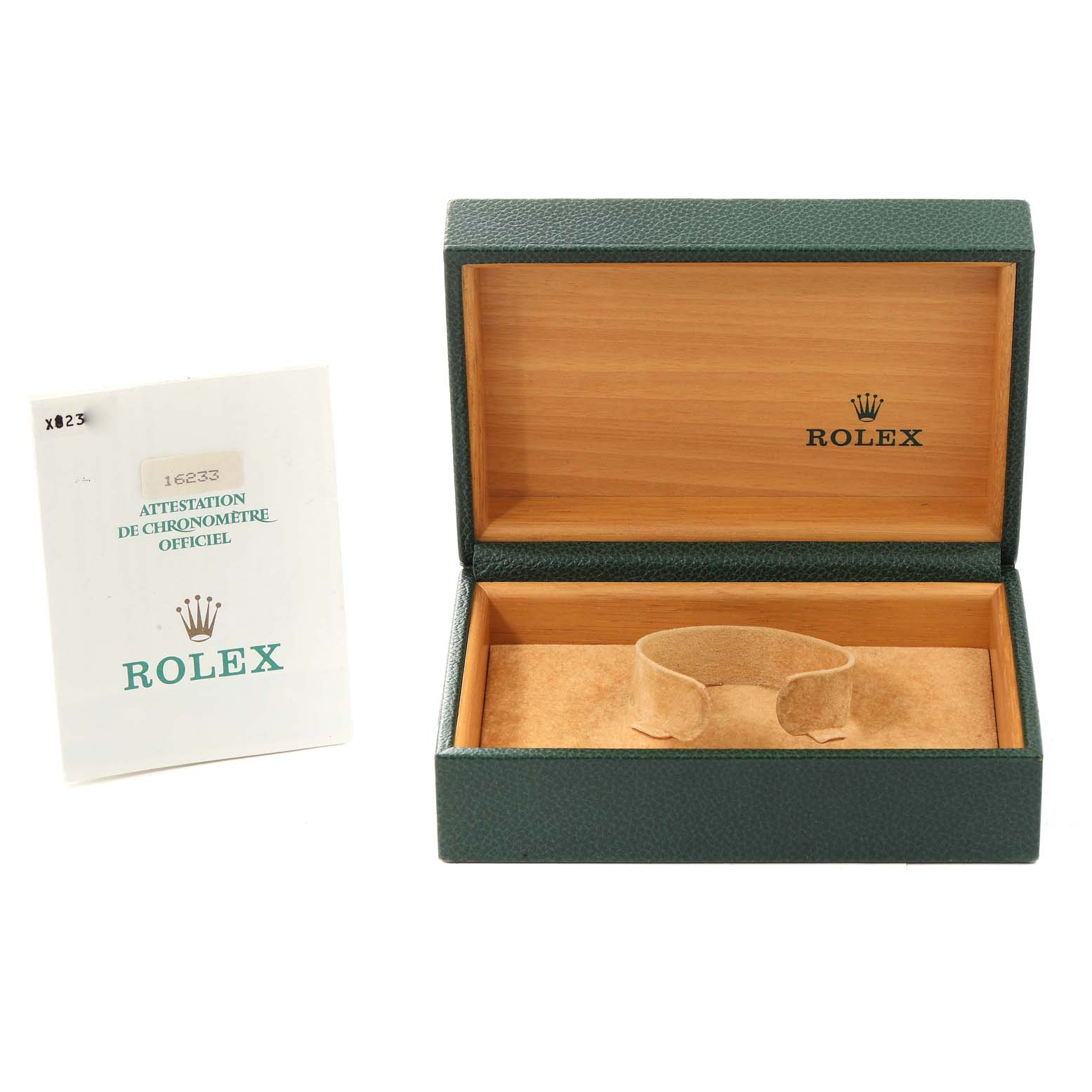 The image shows an open Rolex Datejust 16233 Men's Steel and Gold (two tone) White Dial 16233 Men's Steel and Gold (two tone) White Dial watch box and its official chronometer certification document.