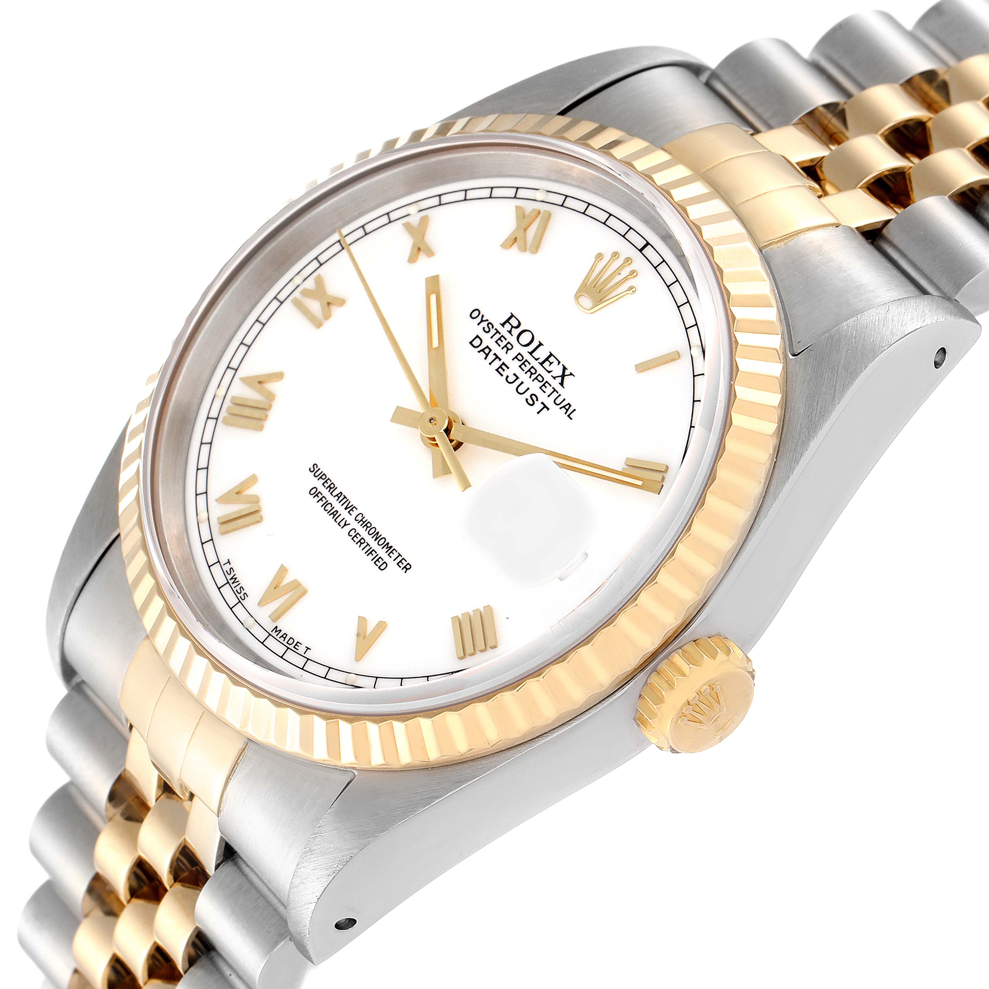 The image shows the dial, fluted bezel, crown, and part of the bracelet of a Rolex Datejust 16233 Men's Steel and Gold (two tone) White Dial 16233 Men's Steel and Gold (two tone) White Dial watch from a side angle.