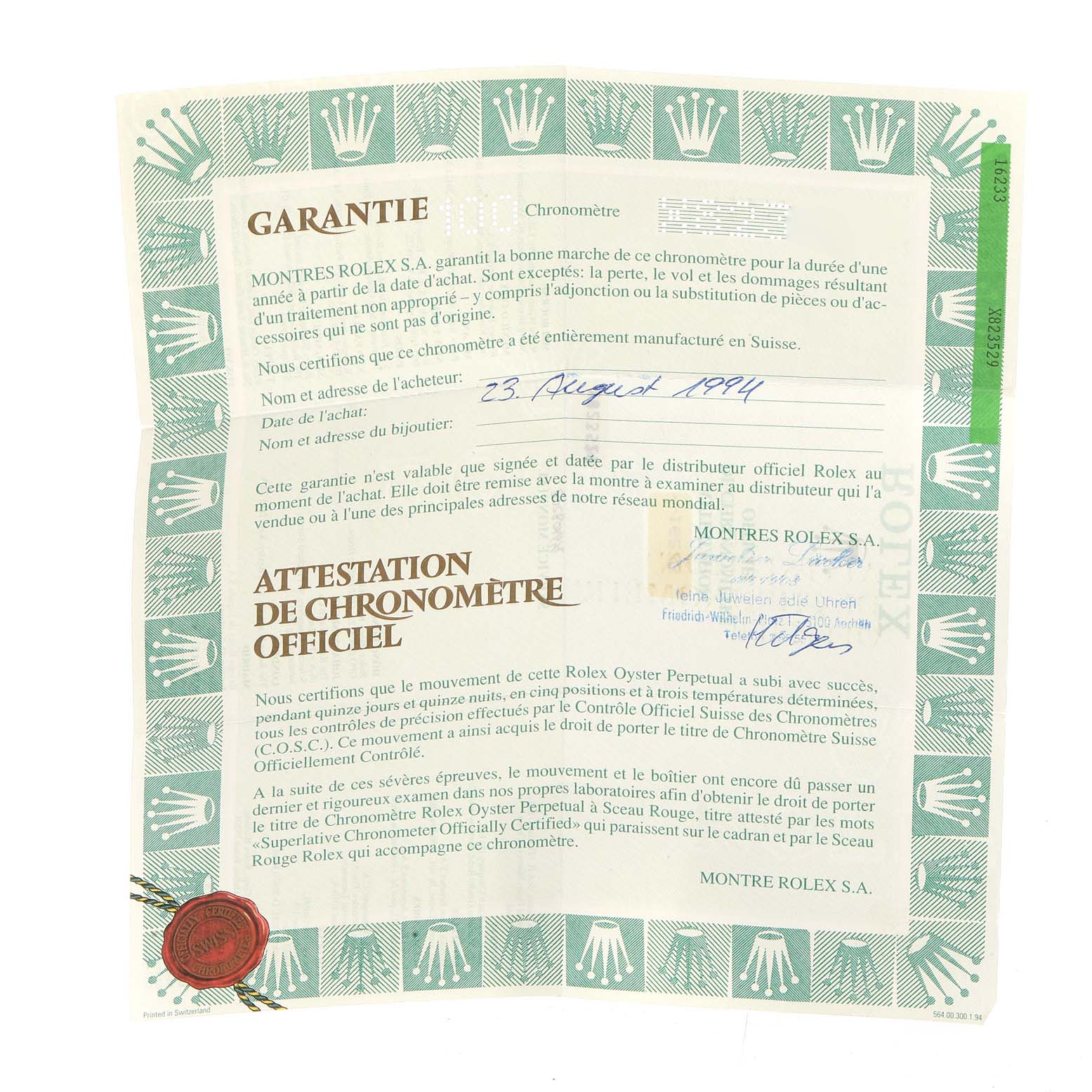 This image shows the warranty certificate for a Rolex Datejust 16233 Men's Steel and Gold (two tone) White Dial 16233 Men's Steel and Gold (two tone) White Dial model, dated 23 August 1994.