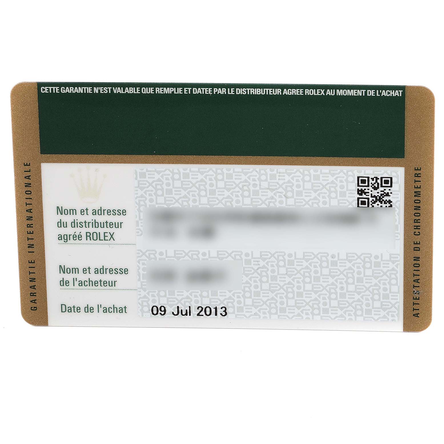 The image shows a Rolex Datejust 179171 Women's Steel and Gold (two tone) White Dial 179171 Women's Steel and Gold (two tone) White Dial warranty card listing distributor and buyer details as well as the purchase date.