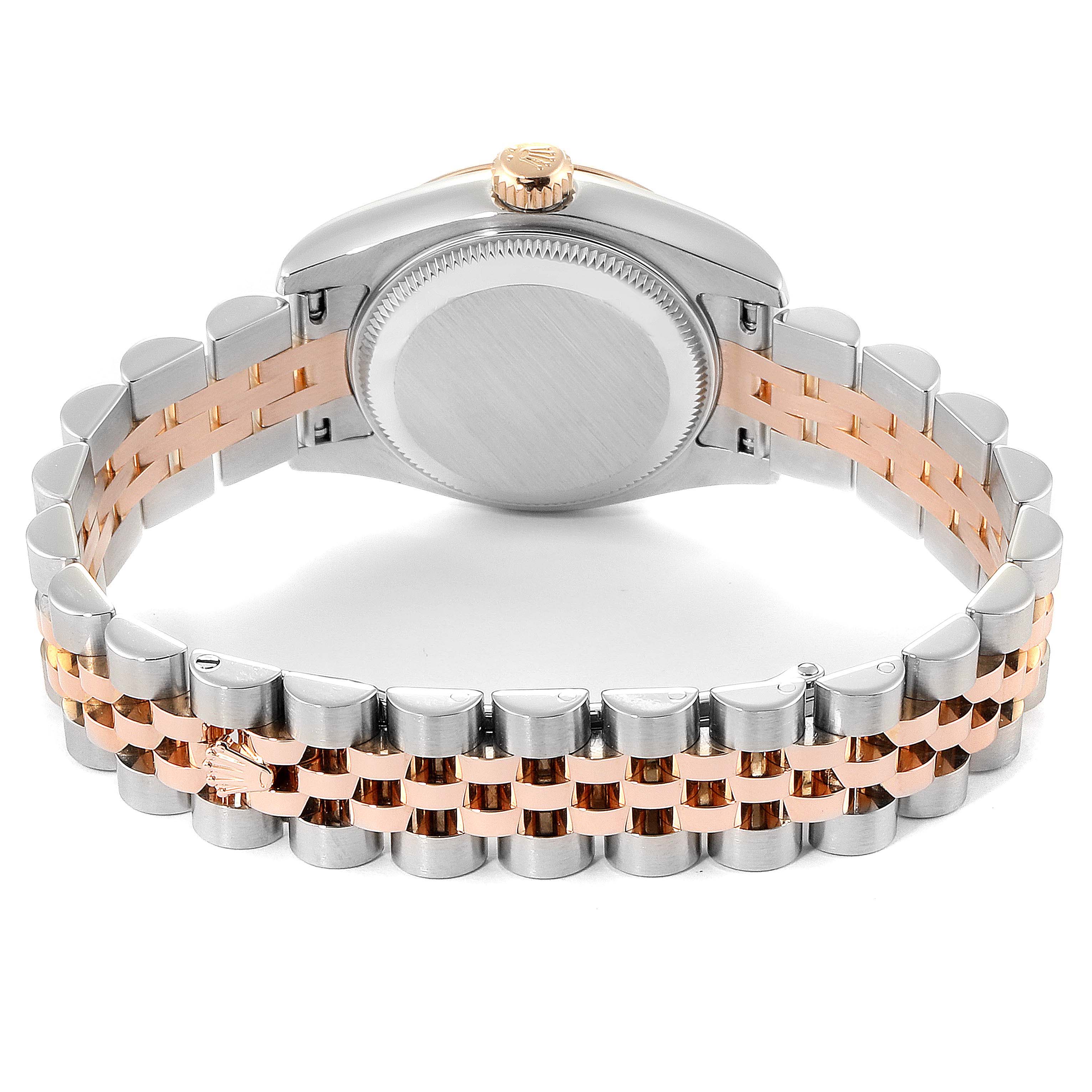 The image shows the back of a Rolex Datejust 179171 Women's Steel and Gold (two tone) White Dial 179171 Women's Steel and Gold (two tone) White Dial watch, highlighting the case back, crown, and two-tone bracelet.