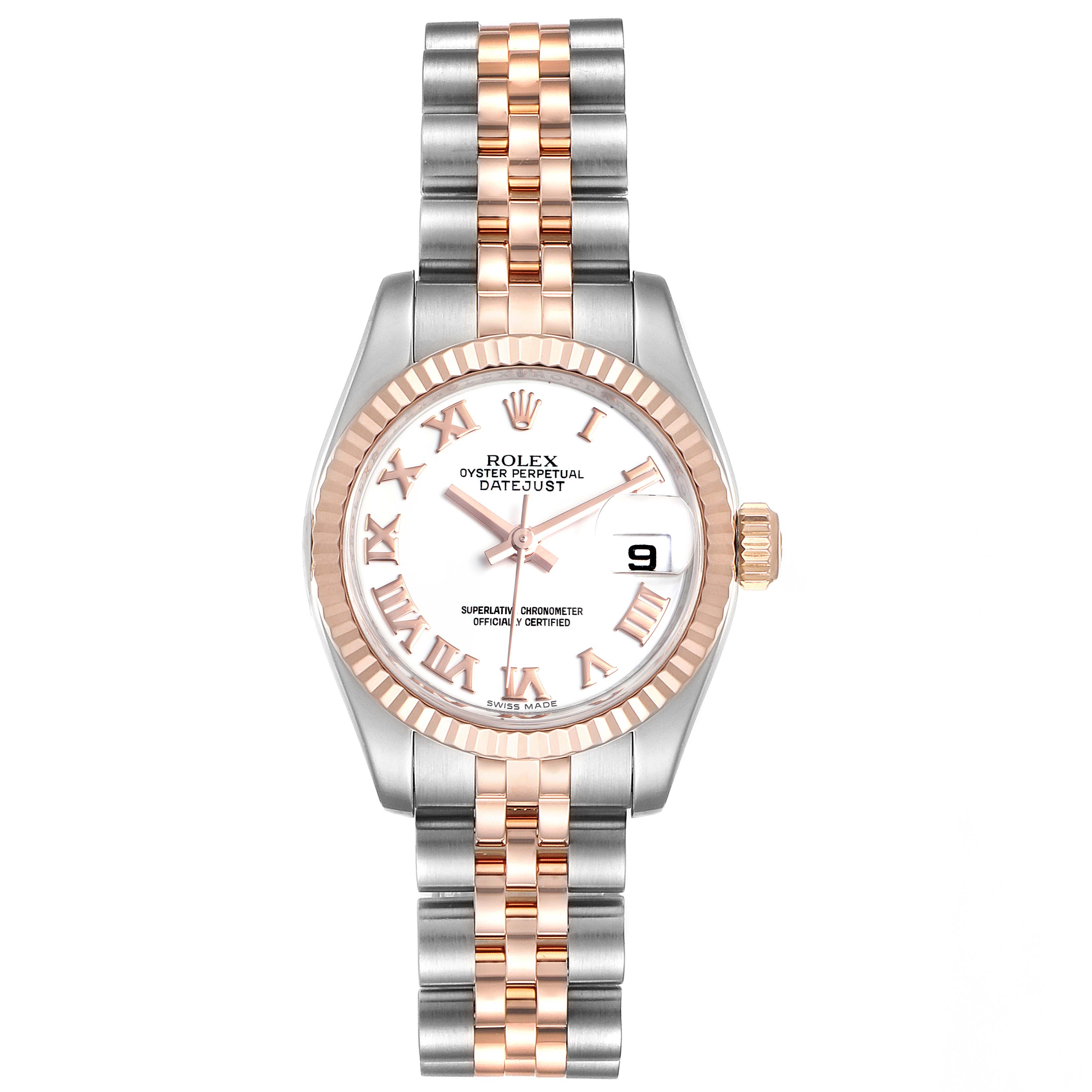 The image shows a front view of the Rolex Datejust 179171 Women's Steel and Gold (two tone) White Dial 179171 Women's Steel and Gold (two tone) White Dial watch, highlighting the face, bezel, and bracelet.