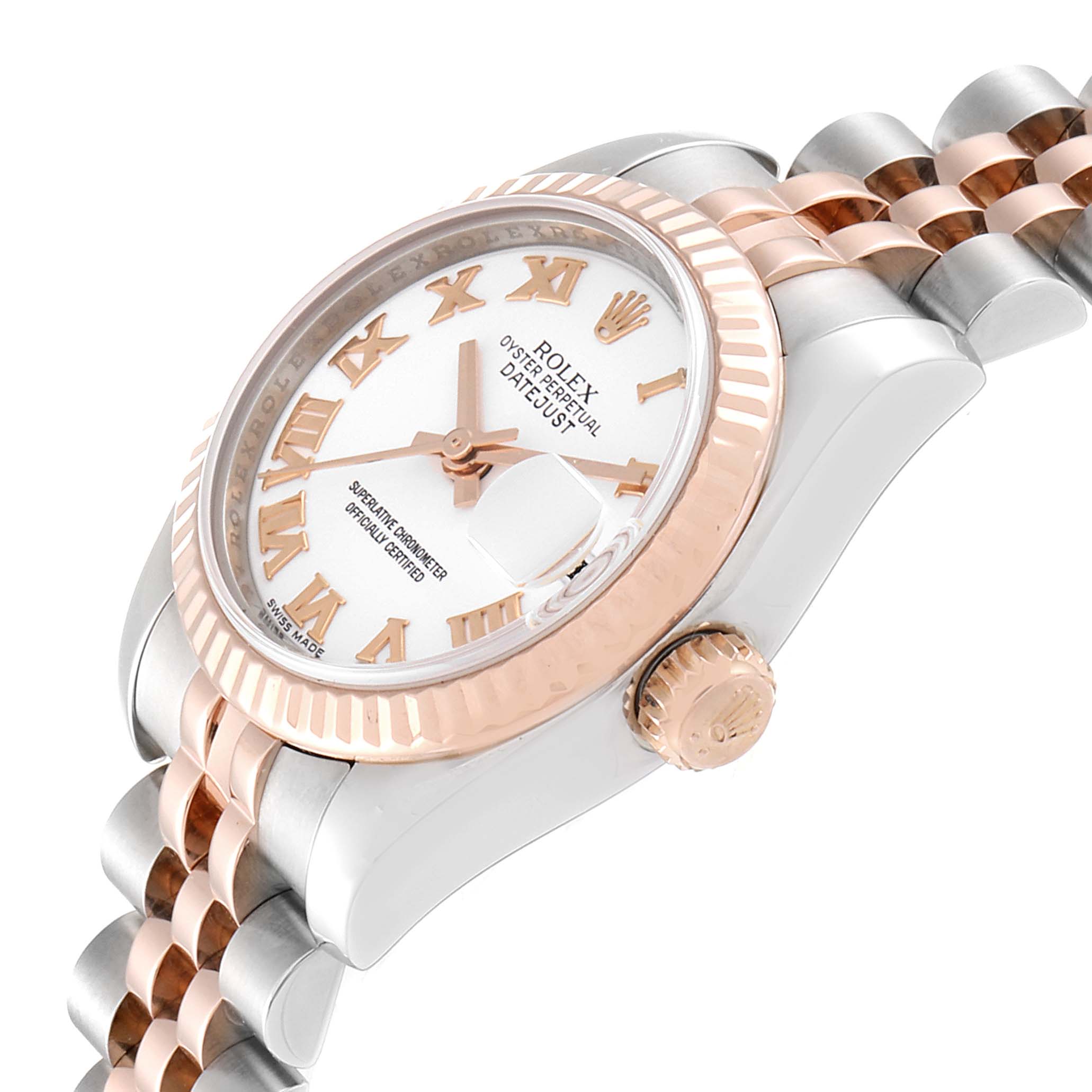 The image shows a Rolex Datejust 179171 Women's Steel and Gold (two tone) White Dial 179171 Women's Steel and Gold (two tone) White Dial watch angled from the side, highlighting the crown, bezel, and part of the bracelet.
