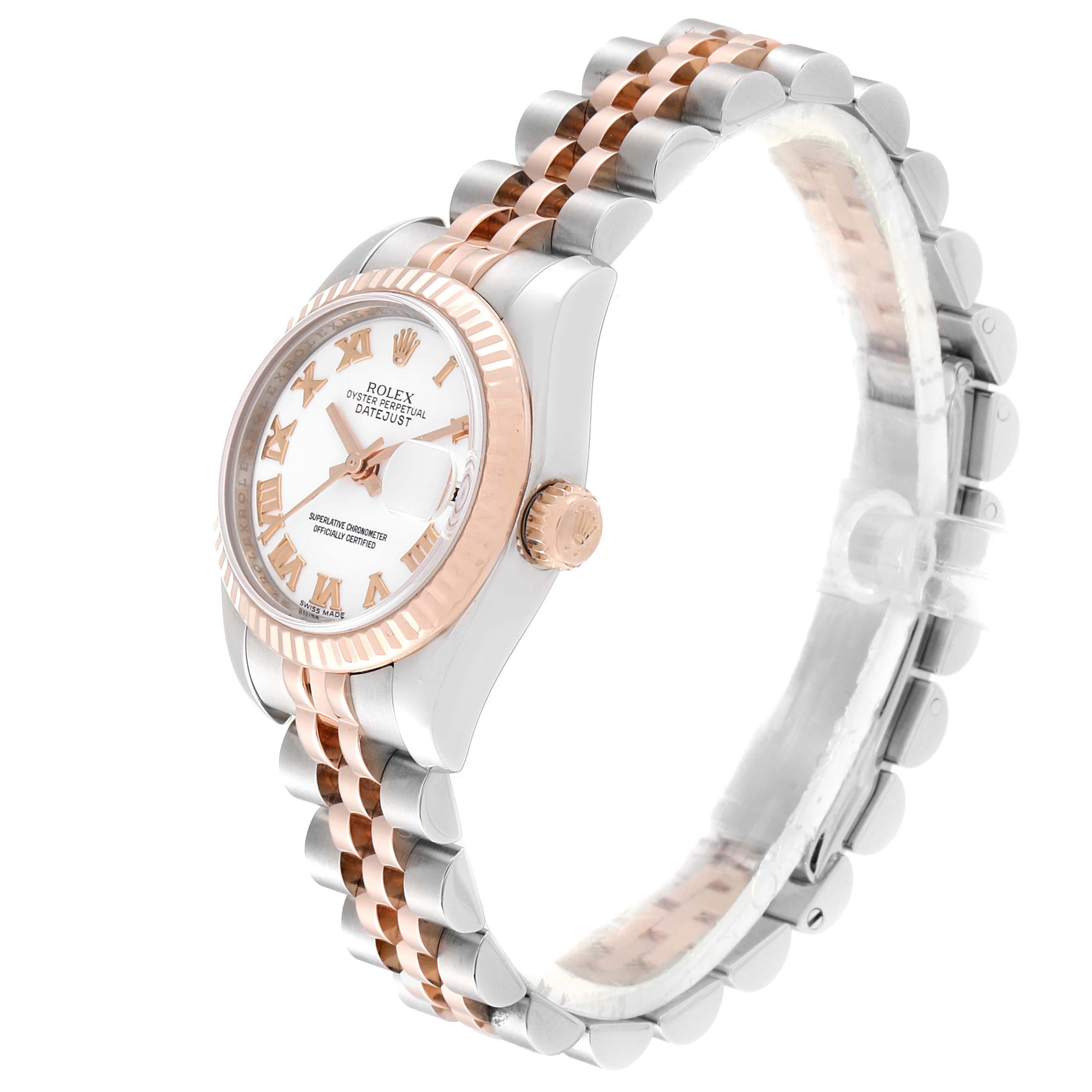 The image shows a side angle of the Rolex Datejust 179171 Women's Steel and Gold (two tone) White Dial 179171 Women's Steel and Gold (two tone) White Dial watch, highlighting its two-tone bracelet and fluted bezel.