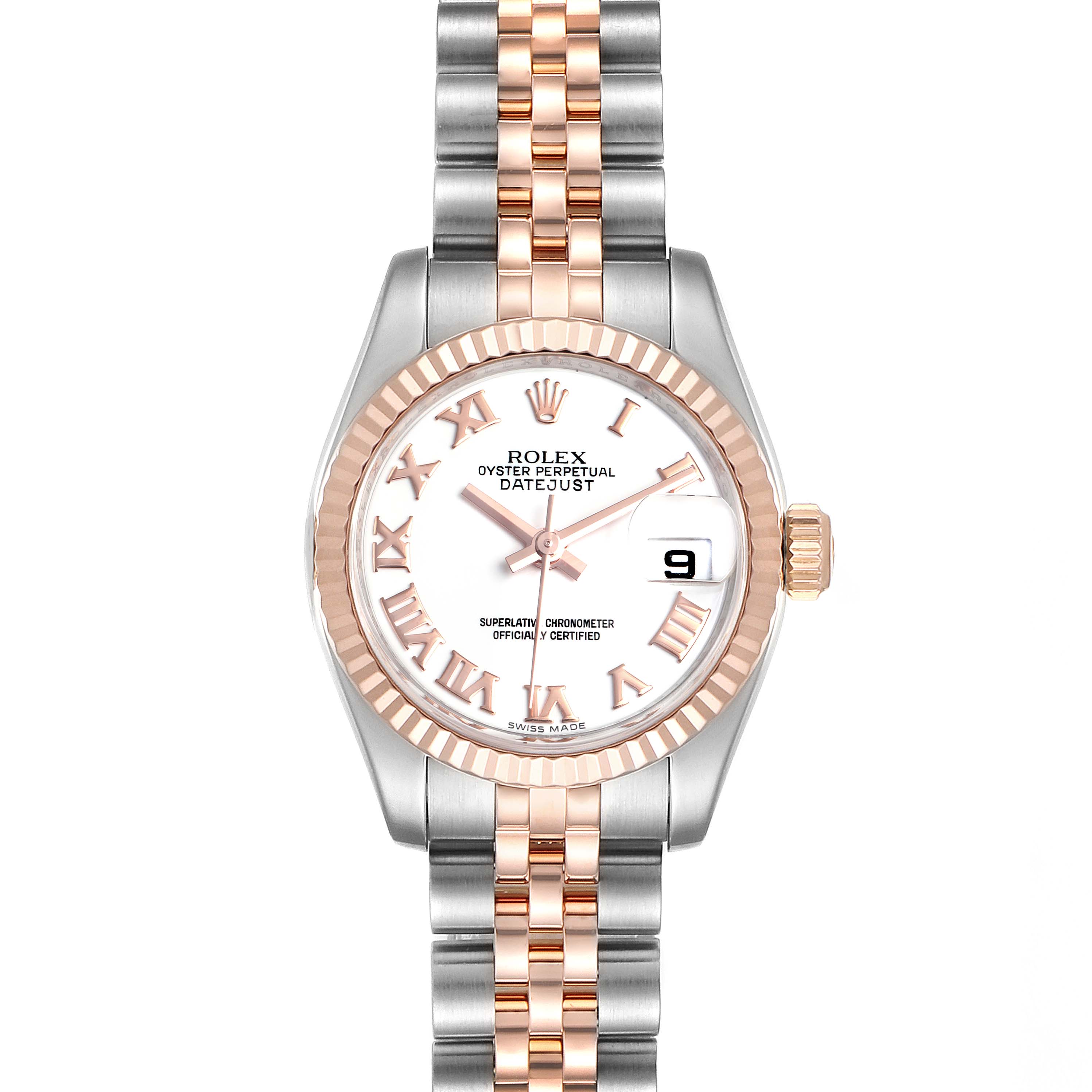 The image shows the front view of a Rolex Datejust 179171 Women's Steel and Gold (two tone) White Dial 179171 Women's Steel and Gold (two tone) White Dial watch, highlighting its dial, bezel, crown, and bracelet.