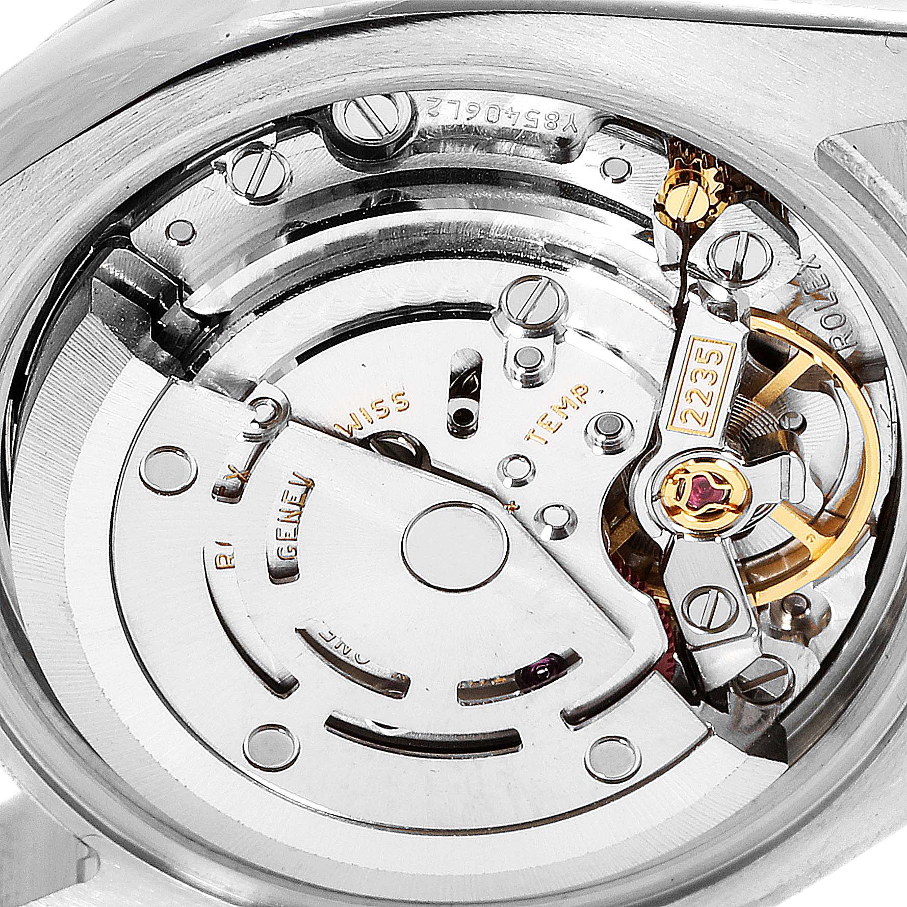 This image shows the intricate internal mechanism of the Rolex Datejust 179171 Women's Steel and Gold (two tone) White Dial 179171 Women's Steel and Gold (two tone) White Dial watch, focused on the movement components.