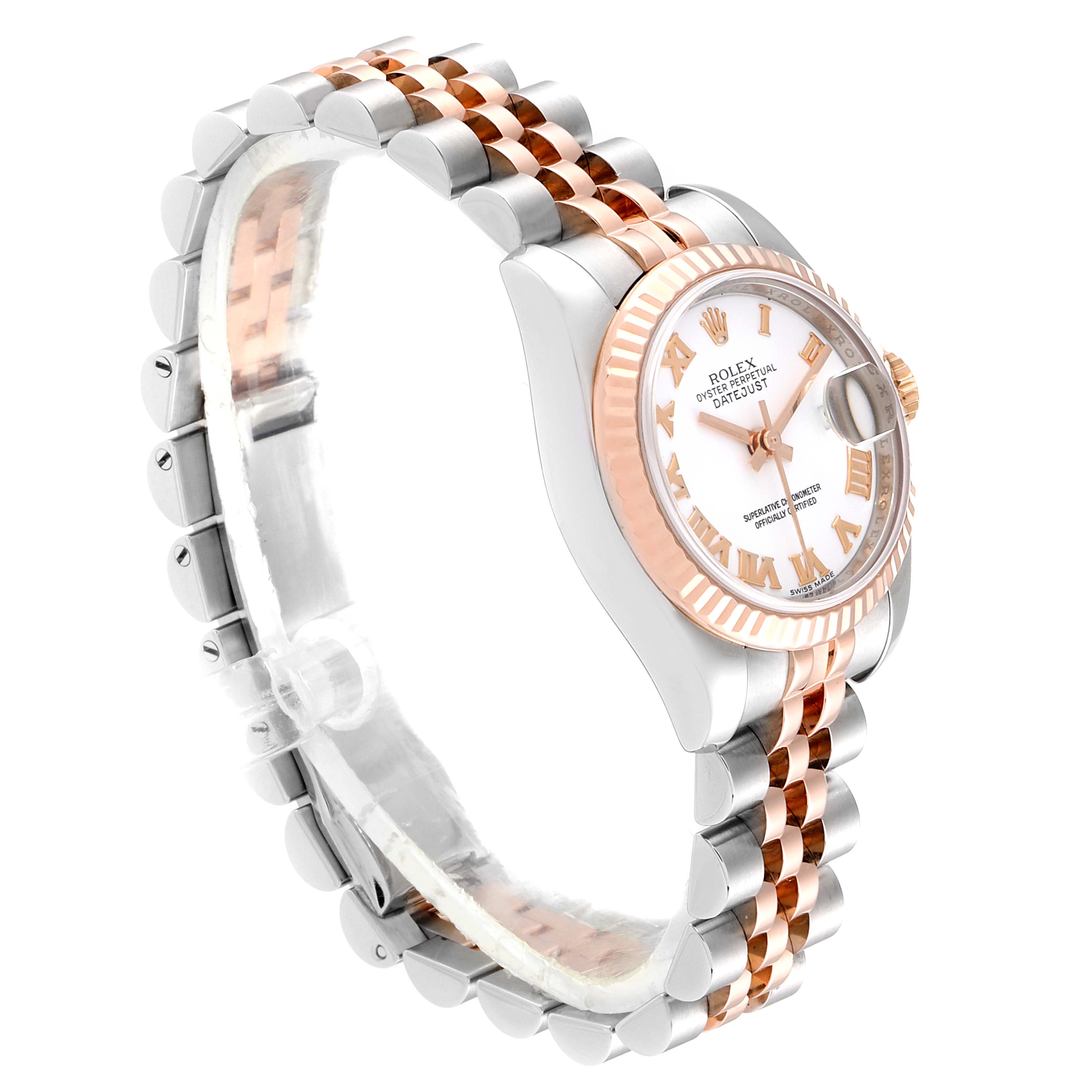 The image shows a side angle of the Rolex Datejust 179171 Women's Steel and Gold (two tone) White Dial 179171 Women's Steel and Gold (two tone) White Dial watch, highlighting the bracelet, case, and dial.