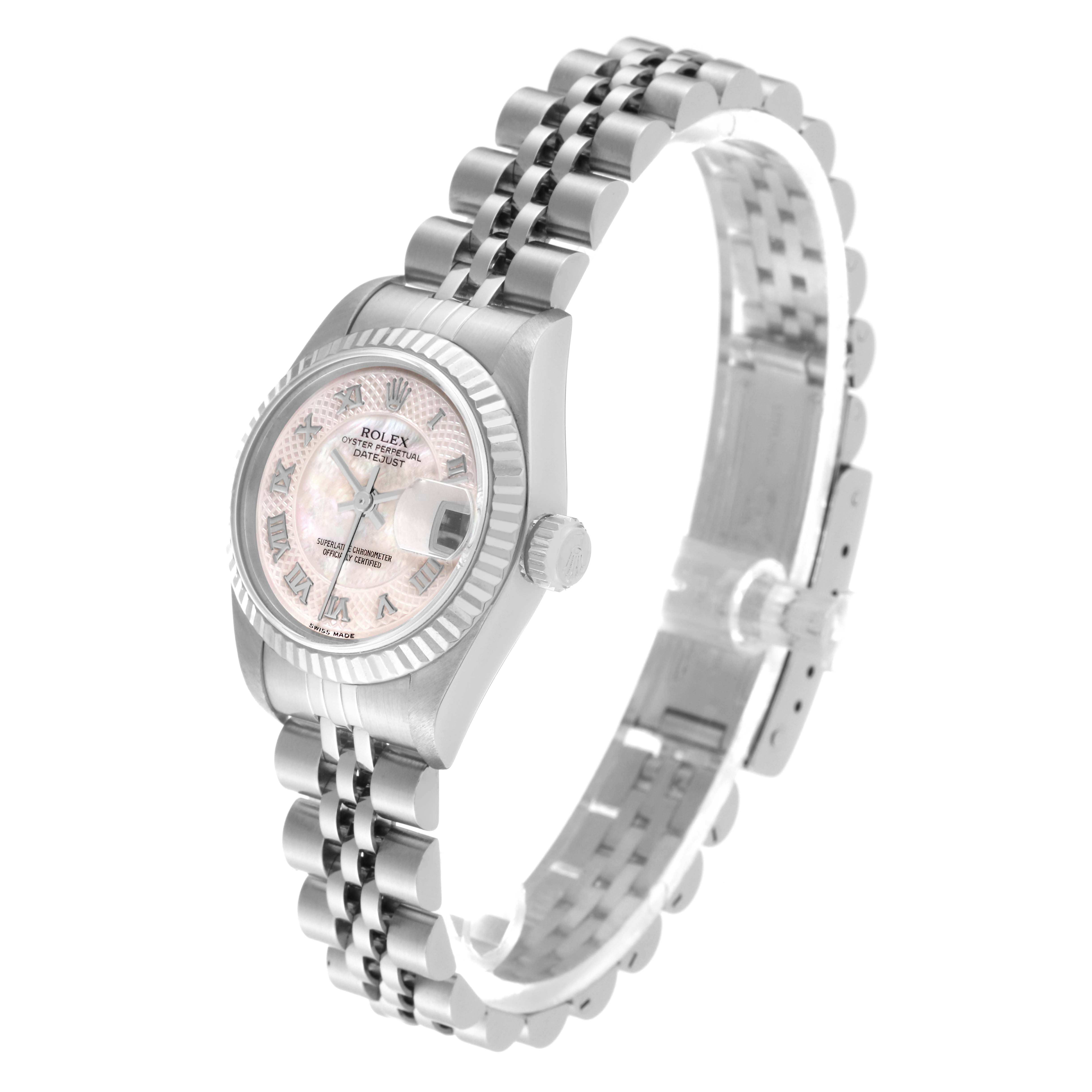 This image shows a Rolex Datejust 79174 Women's Stainless Steel Mother of Pearl Dial 79174 Women's Stainless Steel Mother of Pearl Dial watch at a three-quarter angle, highlighting the dial, fluted bezel, crown, and bracelet.