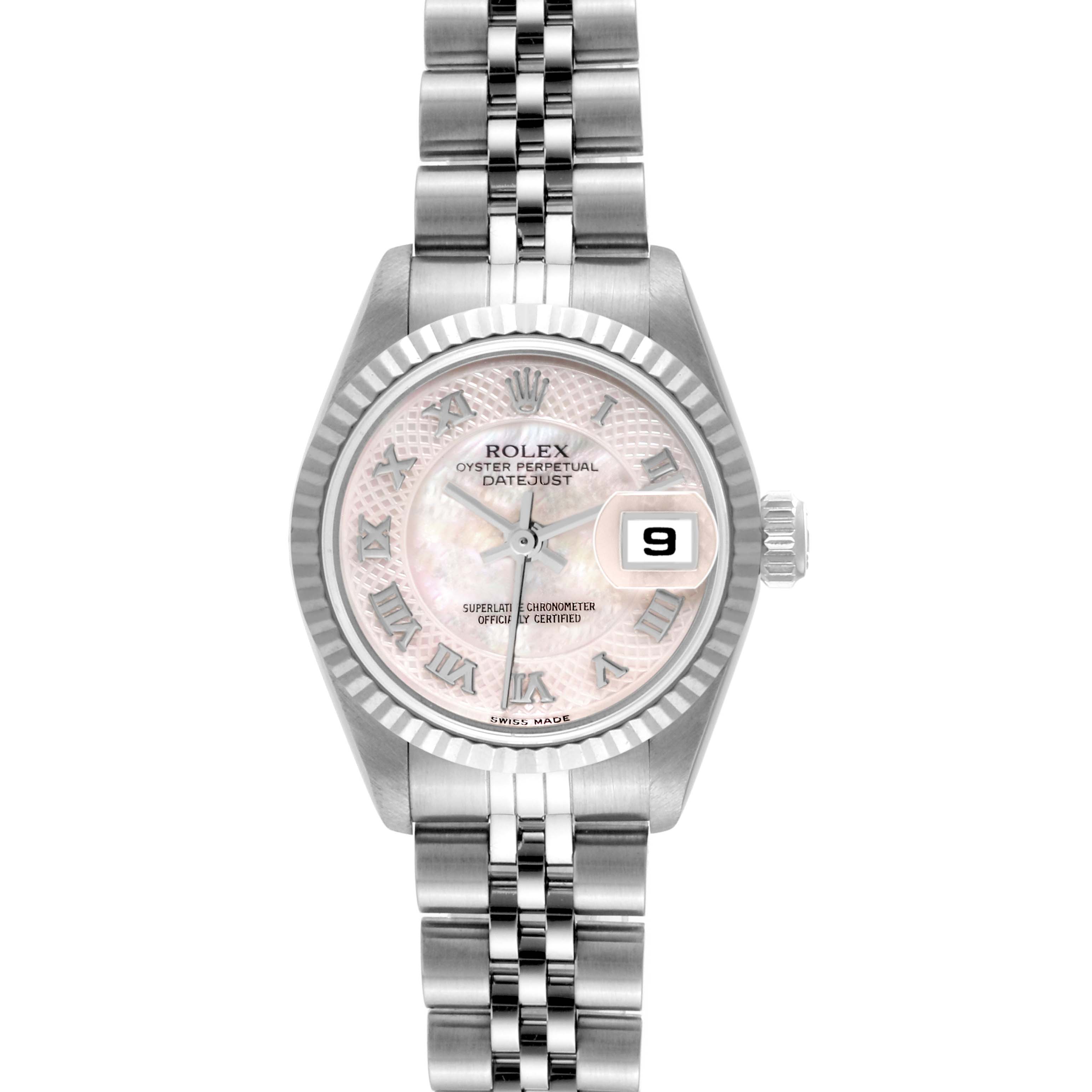 The Rolex Datejust 79174 Women's Stainless Steel Mother of Pearl Dial 79174 Women's Stainless Steel Mother of Pearl Dial watch is shown from a top-down angle, highlighting the face, bezel, and bracelet.