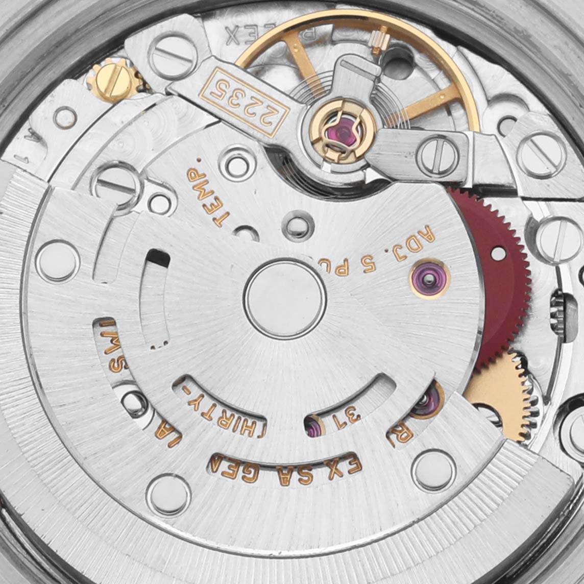 This image shows a close-up of the movement mechanism of a Rolex Datejust 79174 Women's Stainless Steel Mother of Pearl Dial 79174 Women's Stainless Steel Mother of Pearl Dial model watch taken from the back.
