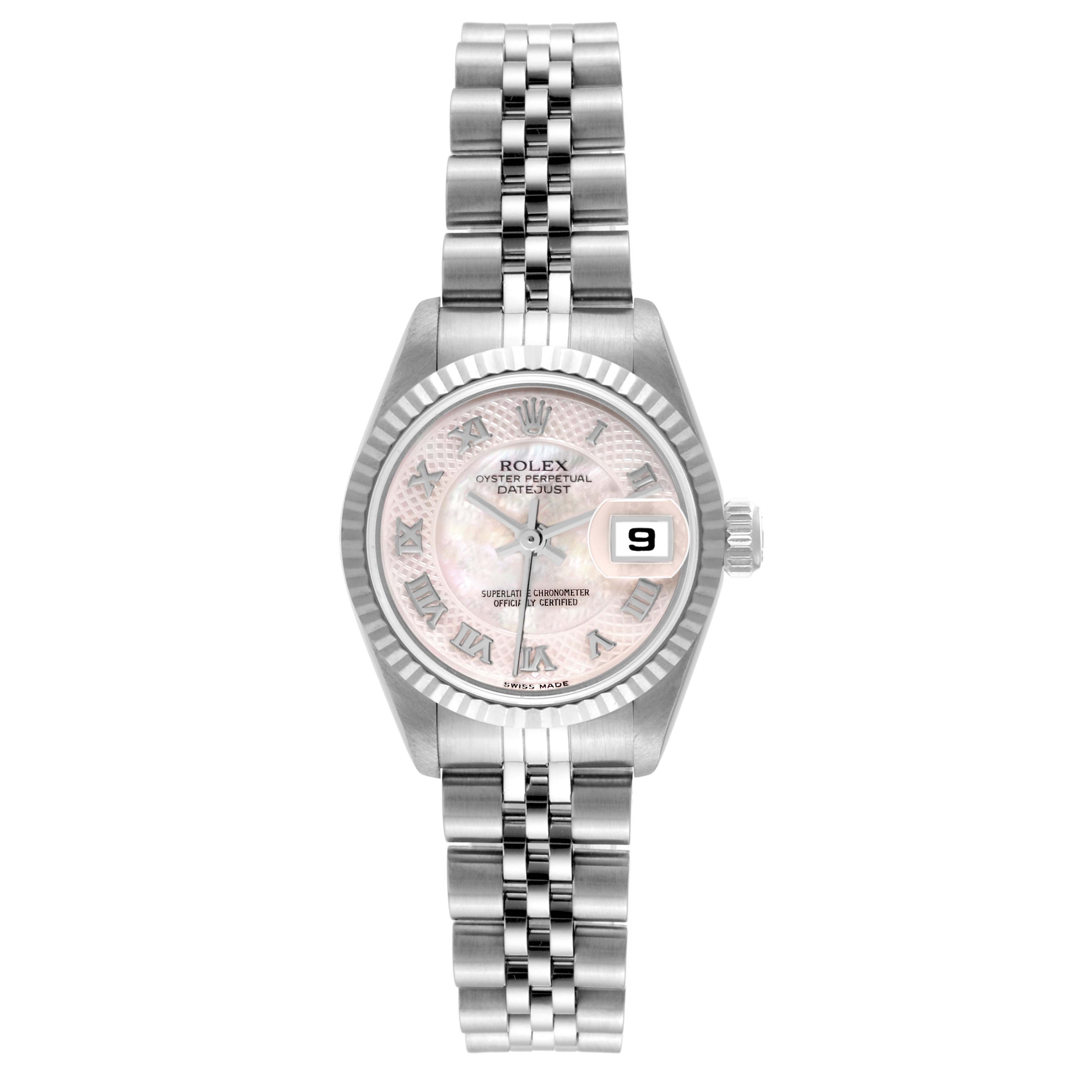 This image shows a front view of a Rolex Datejust 79174 Women's Stainless Steel Mother of Pearl Dial 79174 Women's Stainless Steel Mother of Pearl Dial watch, featuring its dial, bezel, and bracelet.