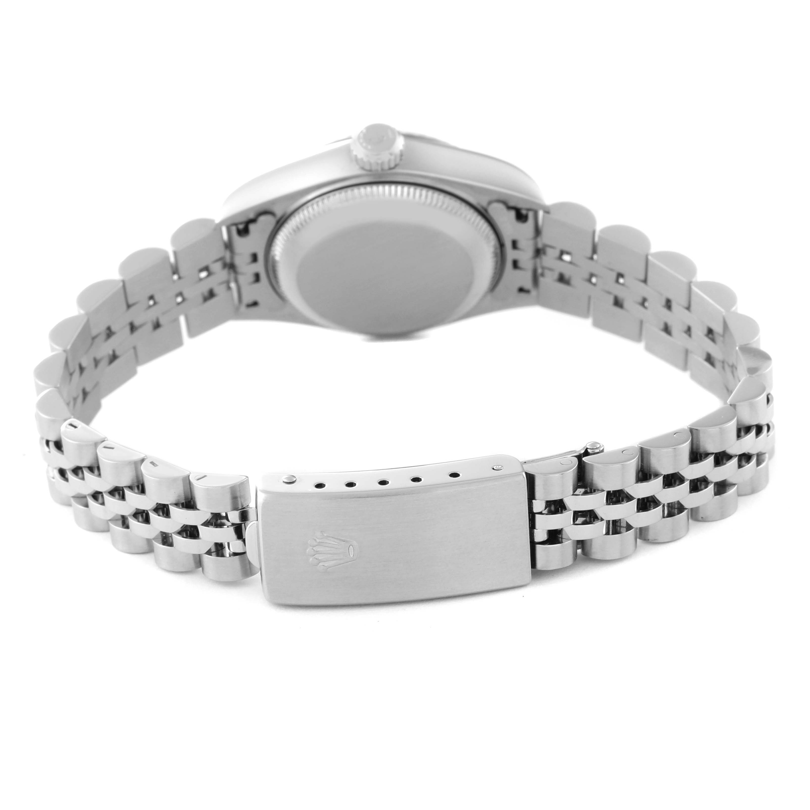 The image shows the back view of a Rolex Datejust 79174 Women's Stainless Steel Mother of Pearl Dial 79174 Women's Stainless Steel Mother of Pearl Dial watch, focusing on the case back and the bracelet with a clasp.