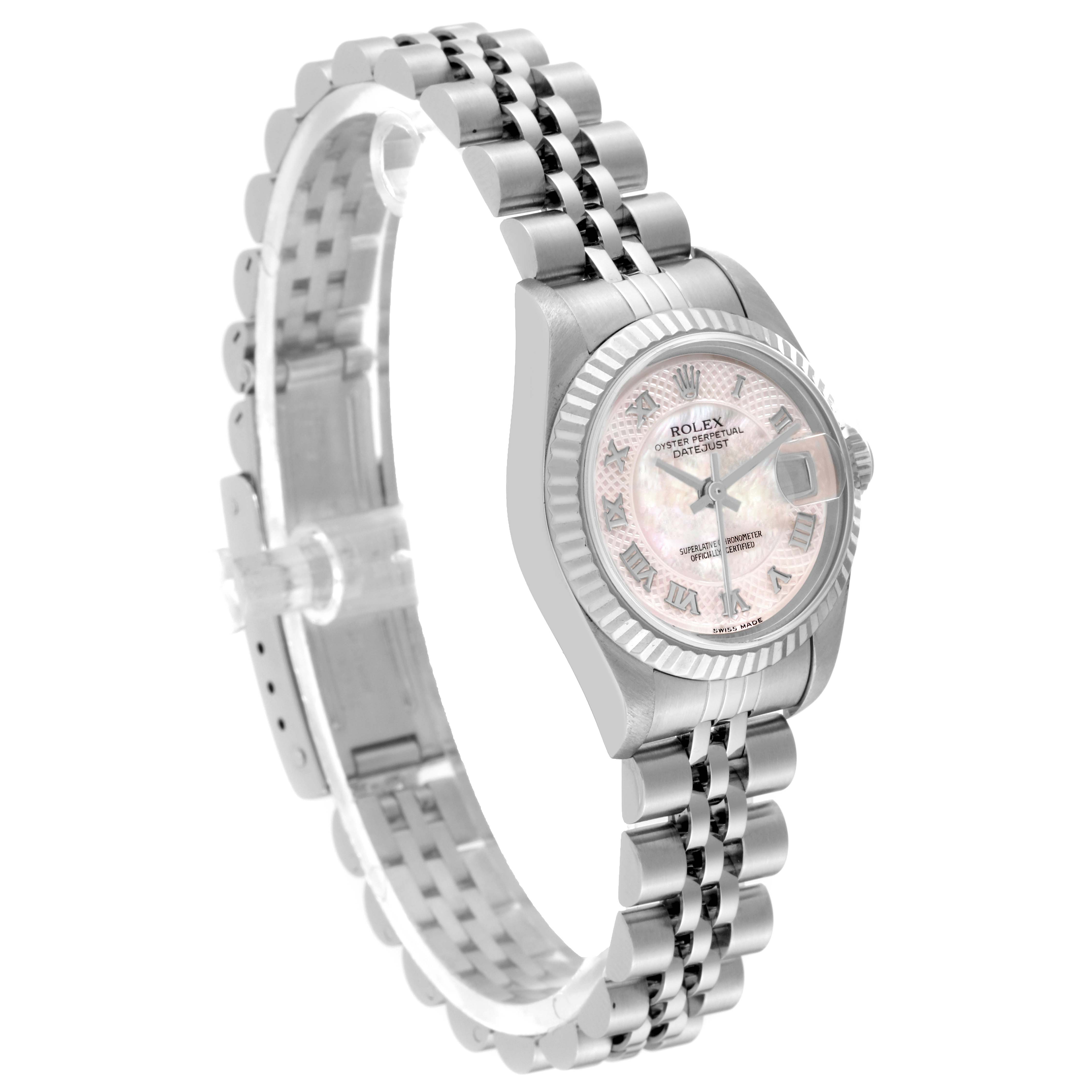 The image shows a Rolex Datejust 79174 Women's Stainless Steel Mother of Pearl Dial 79174 Women's Stainless Steel Mother of Pearl Dial watch at an angle highlighting the dial, bezel, case, and bracelet.