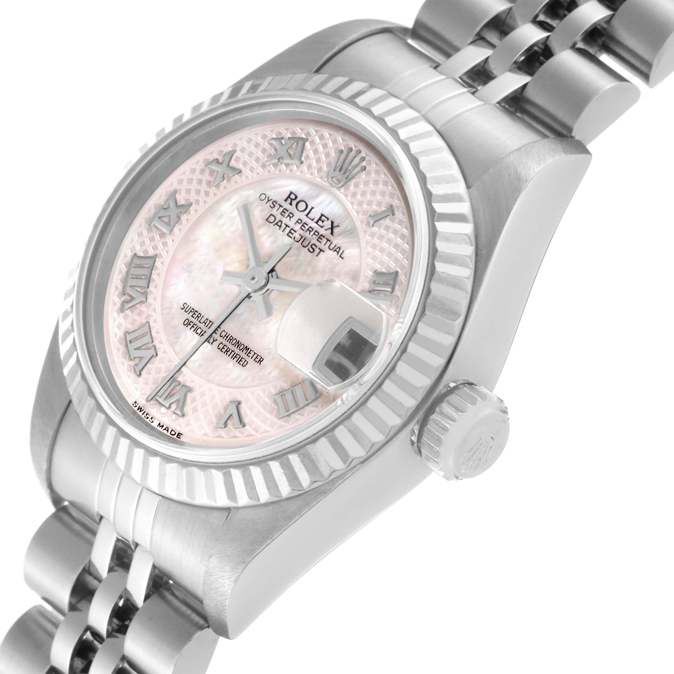 The image shows a close-up angle of the Rolex Datejust 79174 Women's Stainless Steel Mother of Pearl Dial 79174 Women's Stainless Steel Mother of Pearl Dial, highlighting the dial, bezel, and crown.