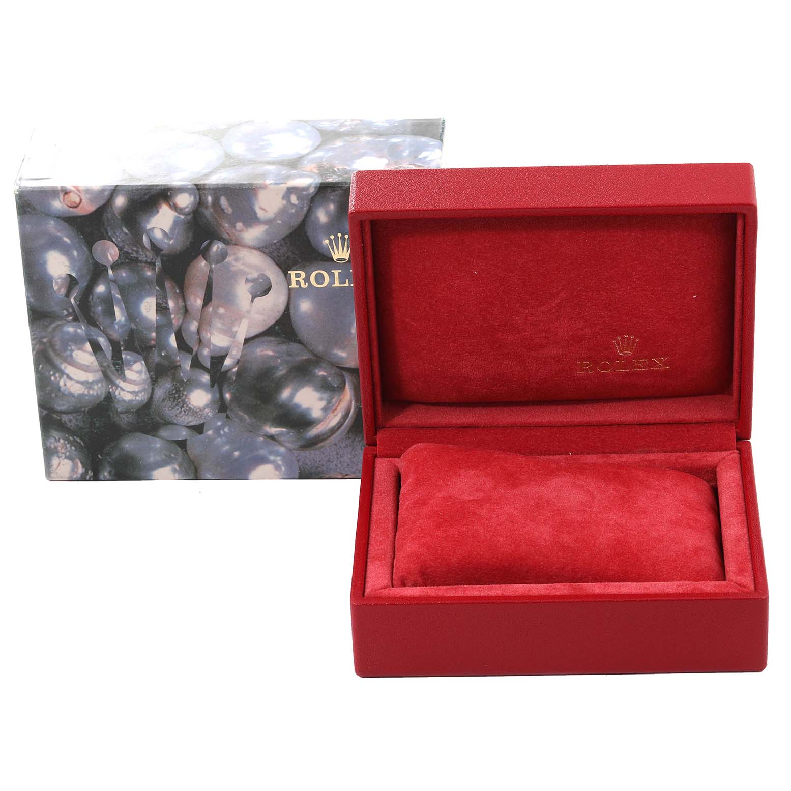The image shows an open red Rolex watch box with a matching red pillow, next to a decorative Rolex box.