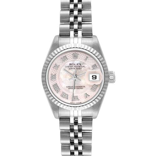 The image shows a Rolex Datejust watch from a front angle, displaying its dial, bracelet, bezel, and date window.