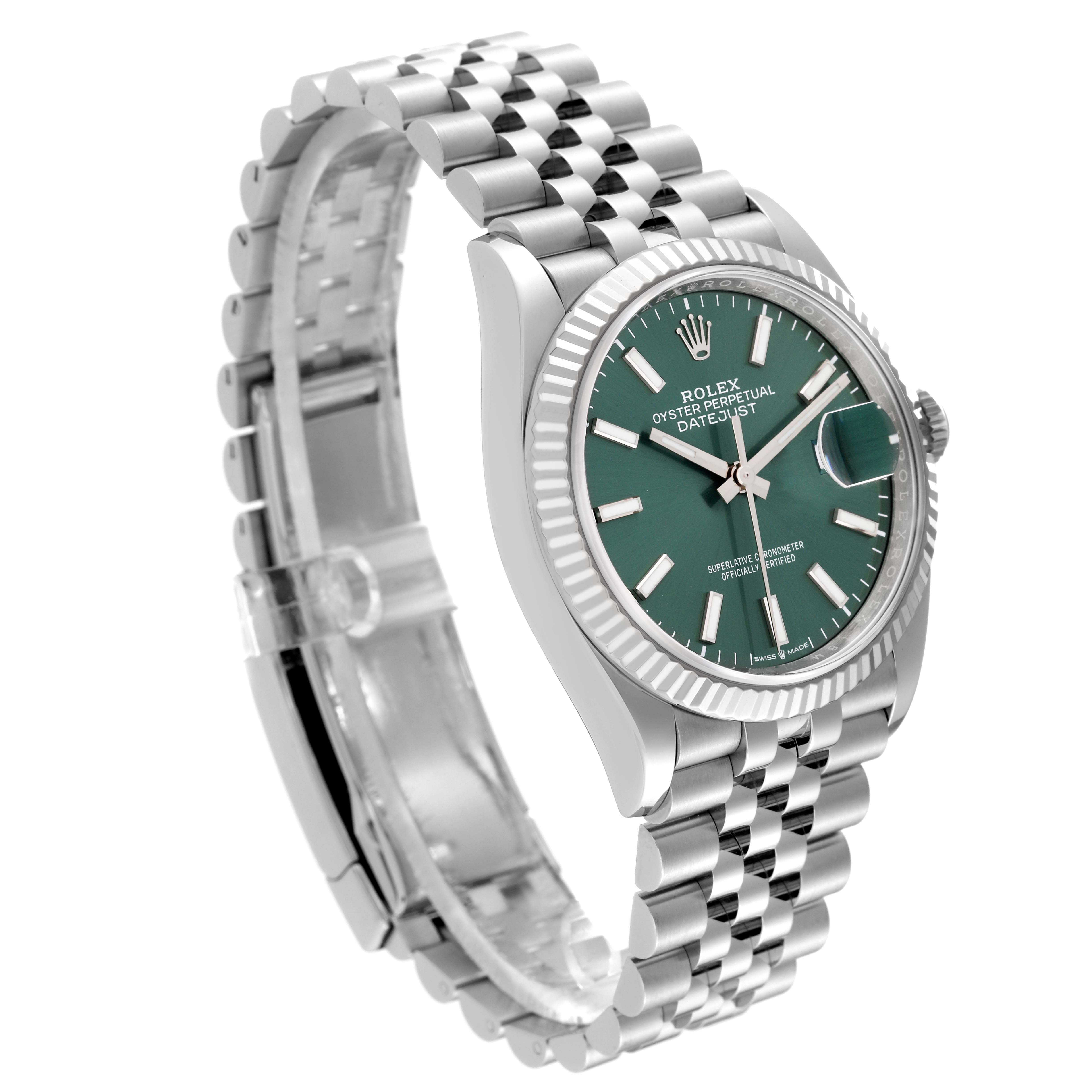The Rolex Datejust 126234 Men's Stainless Steel Green Dial 126234 Men's Stainless Steel Green Dial watch is shown at a slight side angle, highlighting the dial, bezel, and bracelet.