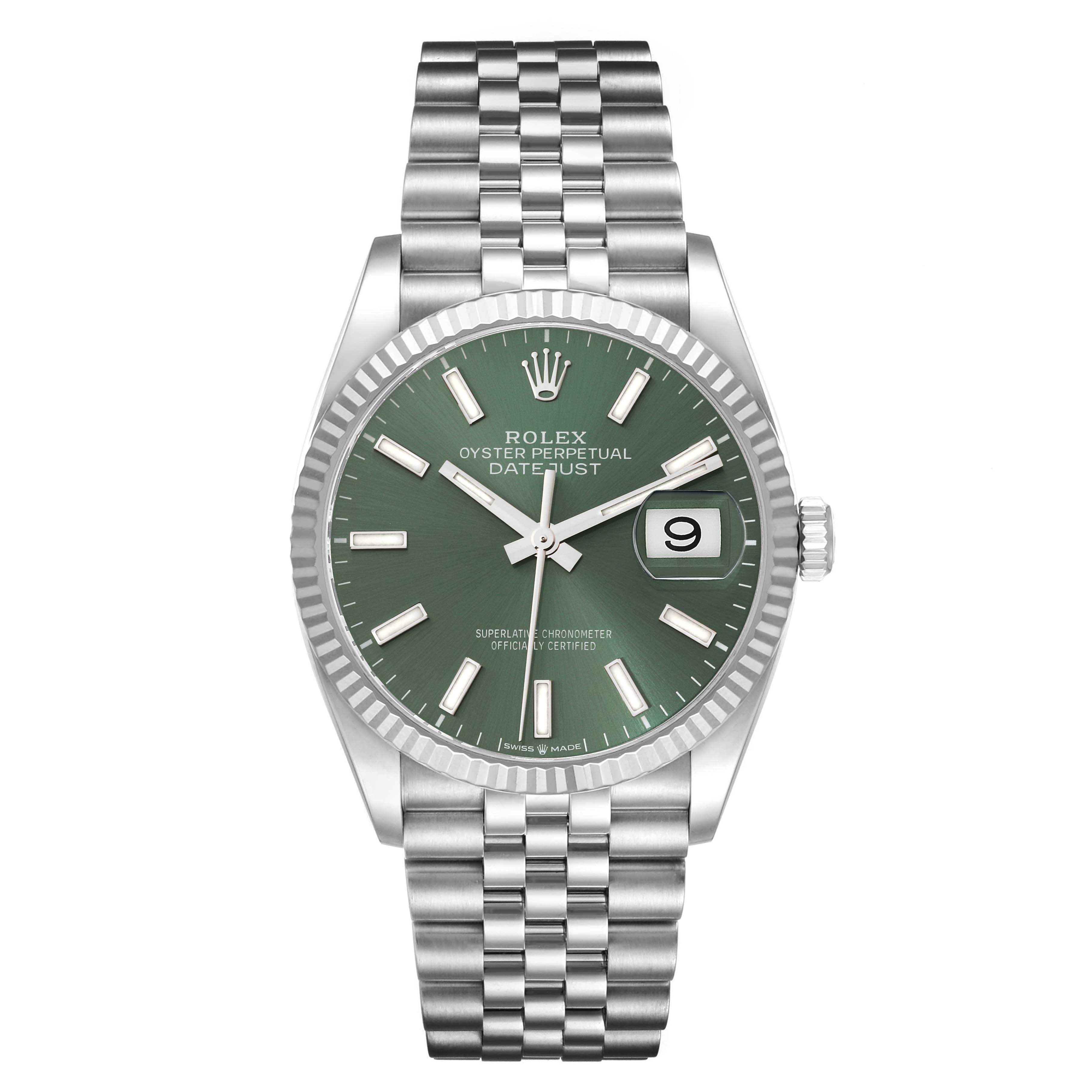 The image shows a Rolex Datejust 126234 Men's Stainless Steel Green Dial 126234 Men's Stainless Steel Green Dial watch from a front angle, highlighting its green dial, date window, and Jubilee bracelet.