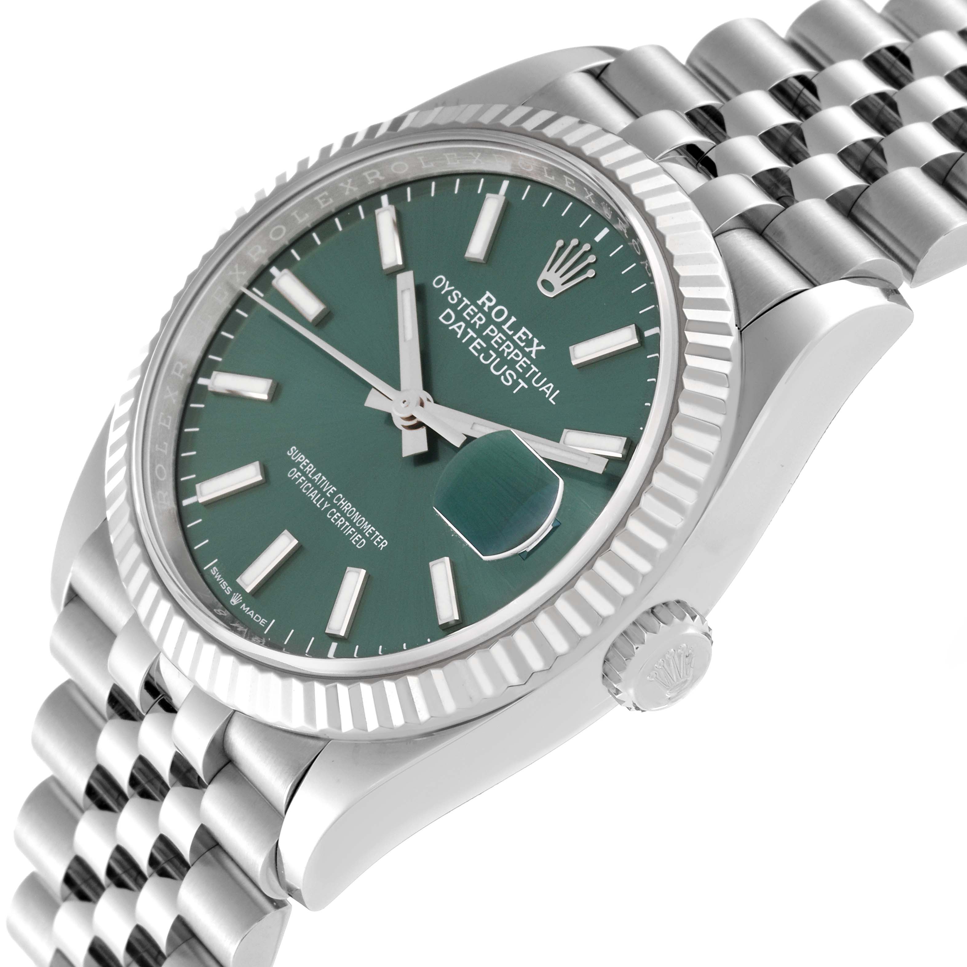 The image shows the Rolex Datejust 126234 Men's Stainless Steel Green Dial 126234 Men's Stainless Steel Green Dial watch at a side angle, highlighting the green dial, fluted bezel, and Jubilee bracelet.