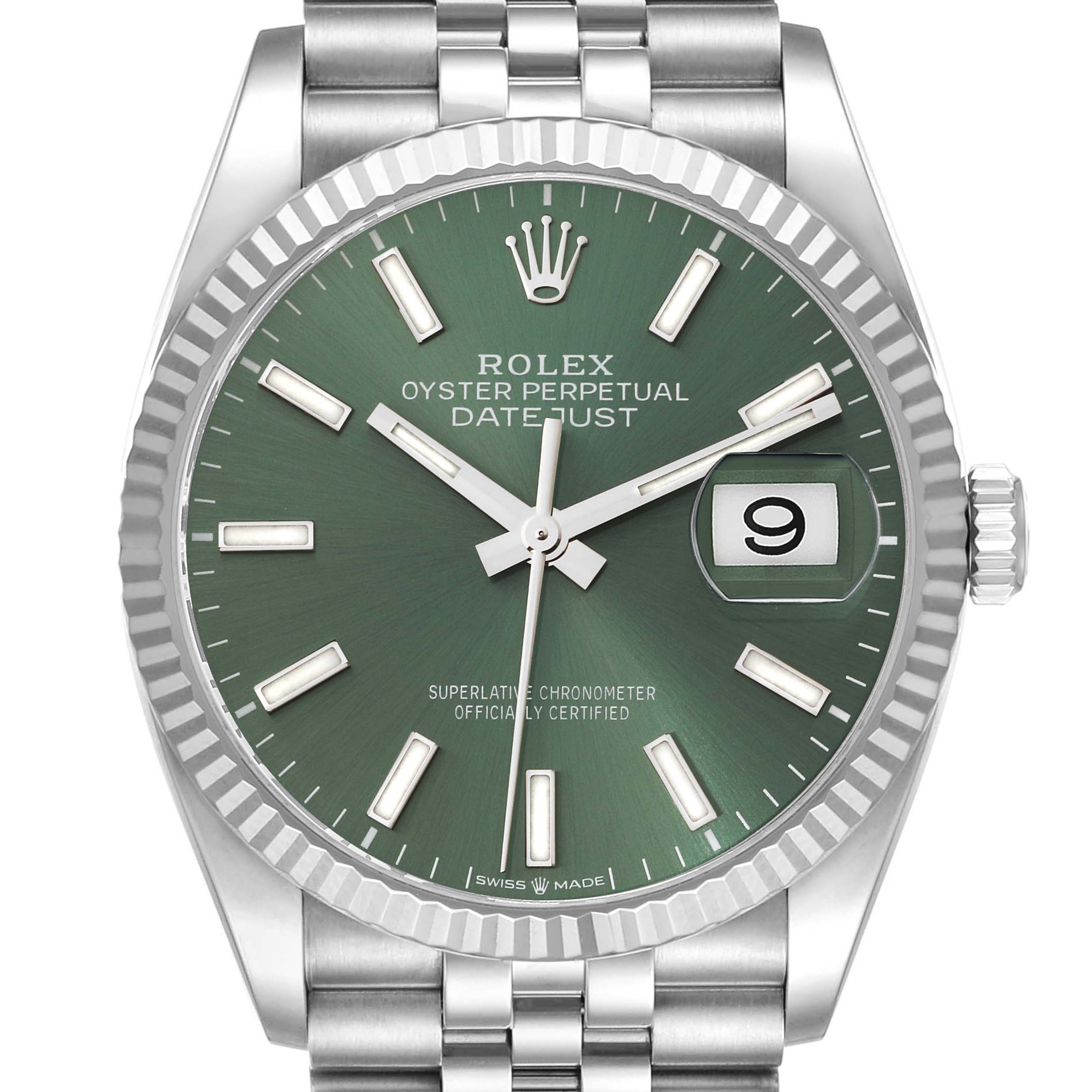 The image shows a frontal view of a Rolex Datejust 126234 Men's Stainless Steel Green Dial 126234 Men's Stainless Steel Green Dial watch, highlighting the green dial, fluted bezel, date window, and bracelet.