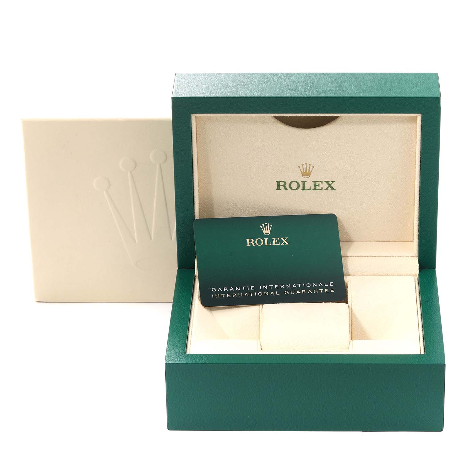 The image shows an open green Rolex Datejust 126234 Men's Stainless Steel Green Dial 126234 Men's Stainless Steel Green Dial watch box containing the warranty card and the outer cream-colored packaging.