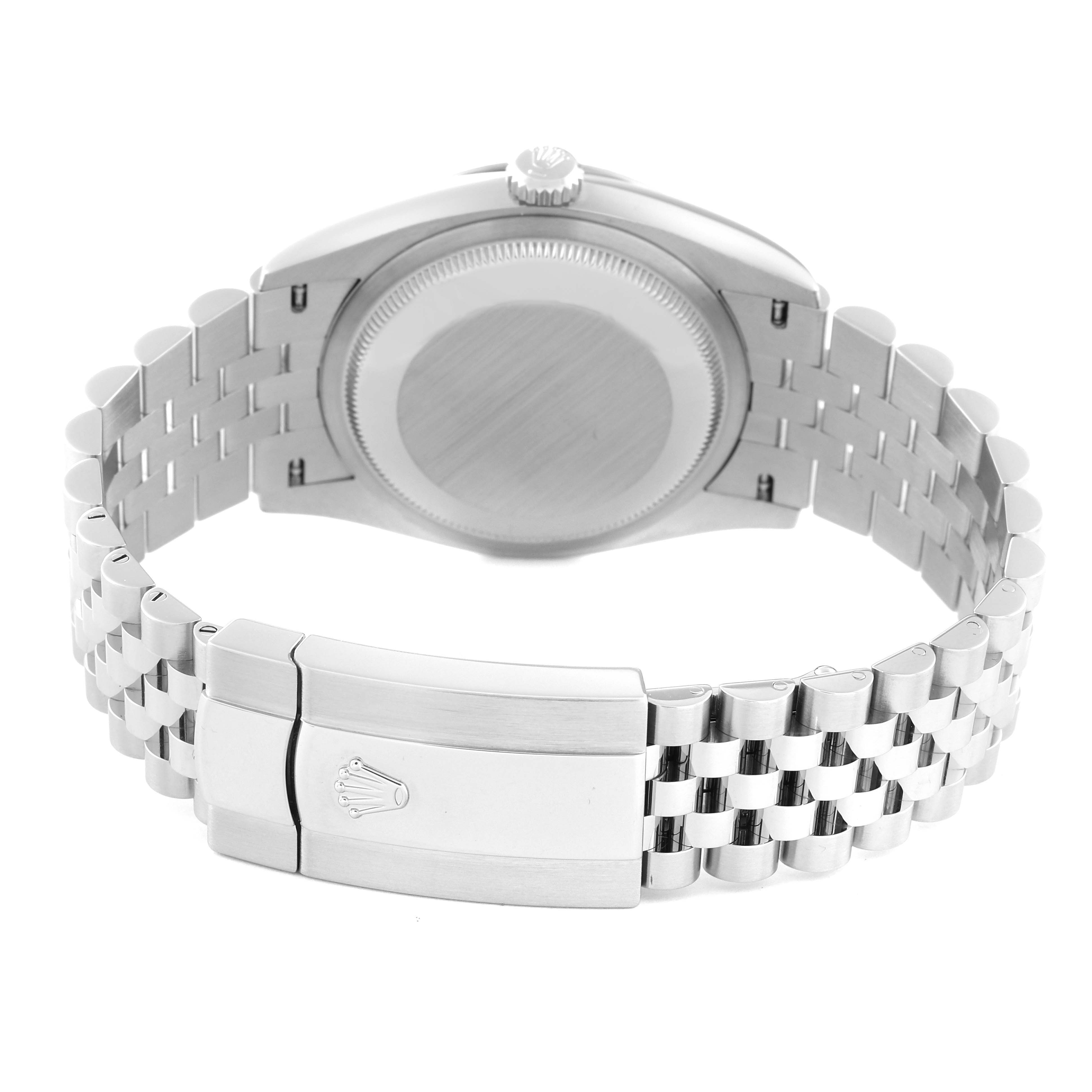 The image shows the back of a Rolex Datejust 126234 Men's Stainless Steel Green Dial 126234 Men's Stainless Steel Green Dial watch, including the case back, crown, and jubilee bracelet with the clasp visible.