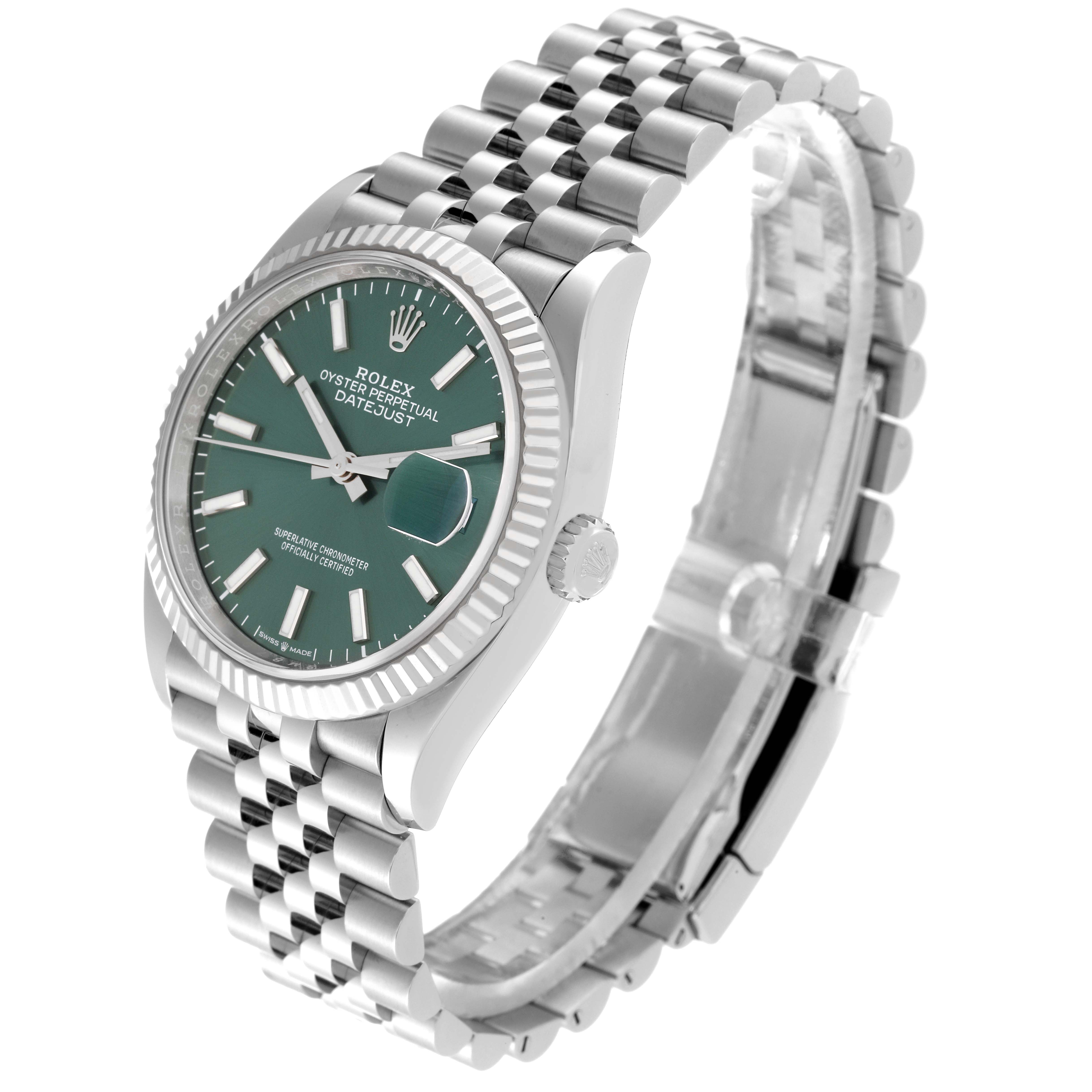 This Rolex Datejust 126234 Men's Stainless Steel Green Dial 126234 Men's Stainless Steel Green Dial watch is shown at a three-quarter angle, displaying the green dial, fluted bezel, and jubilee bracelet.