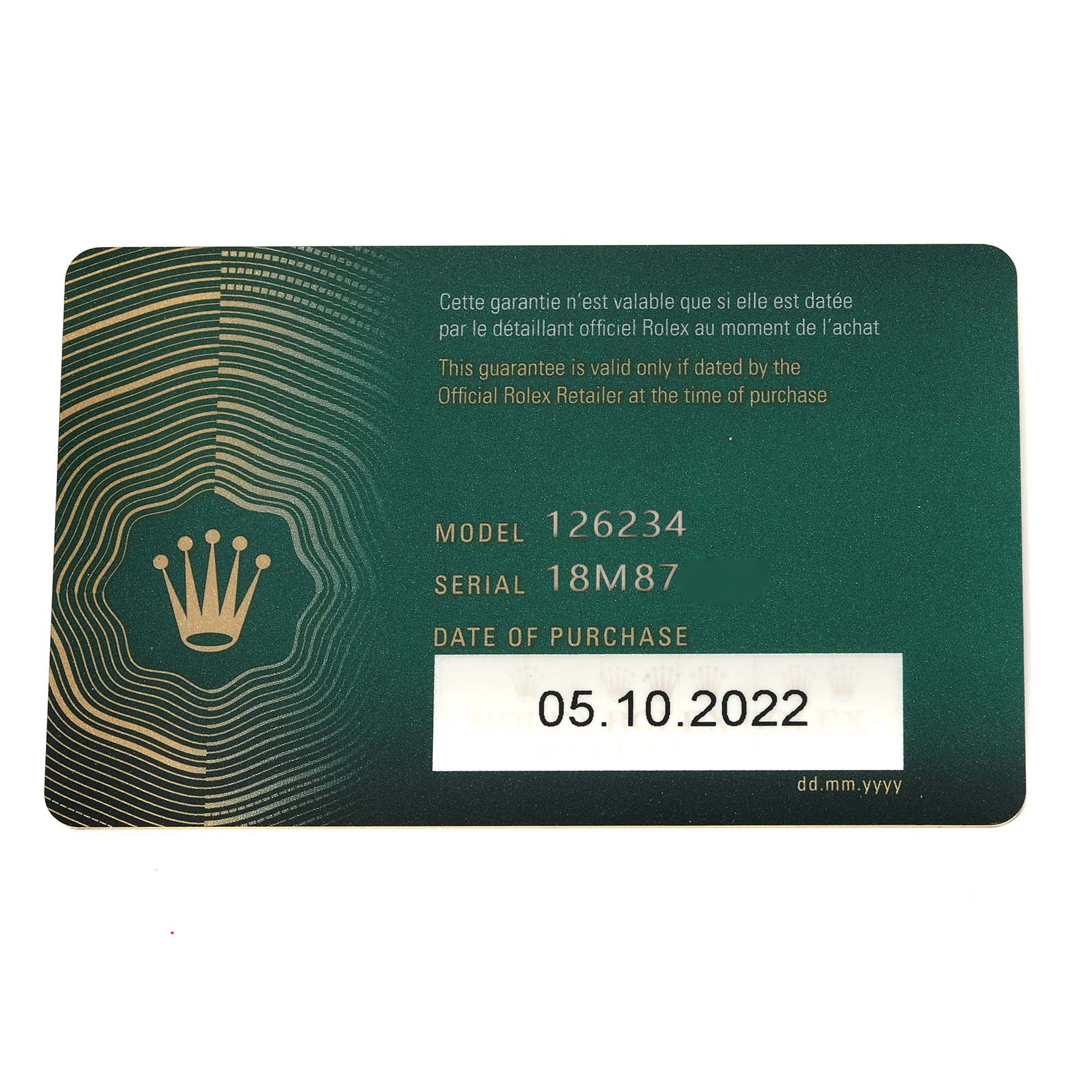 The image shows the warranty card for the Rolex Datejust 126234 Men's Stainless Steel Green Dial 126234 Men's Stainless Steel Green Dial model, featuring model number 126234 and a purchase date of October 5, 2022.