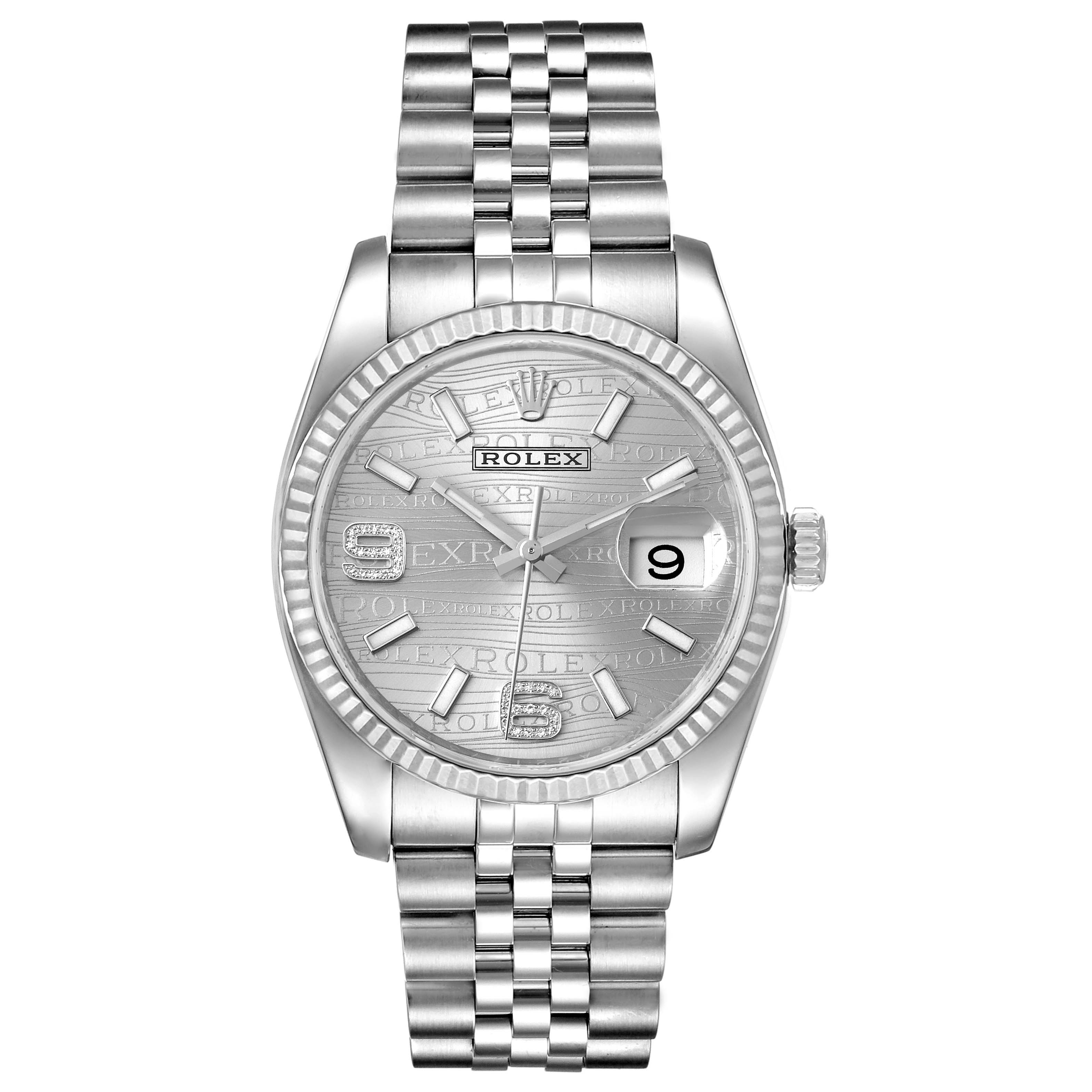 This Rolex Datejust 116234 Men's Stainless Steel Silver Dial 116234 Men's Stainless Steel Silver Dial watch is shown from a top-down angle, featuring its face, bezel, bracelet, and crown.