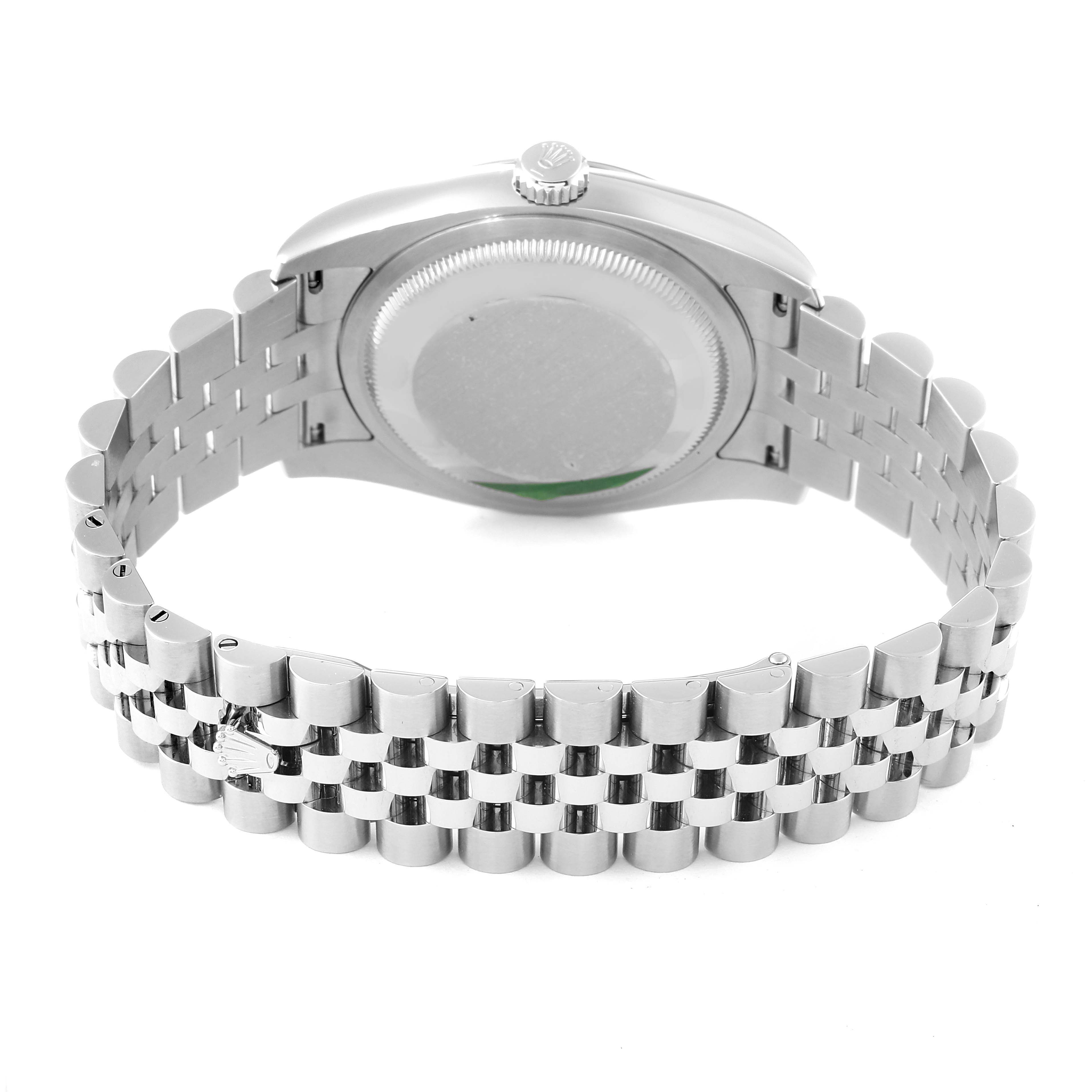 The image shows the back view of a Rolex Datejust 116234 Men's Stainless Steel Silver Dial 116234 Men's Stainless Steel Silver Dial watch, highlighting the case backside and the Jubilee bracelet.