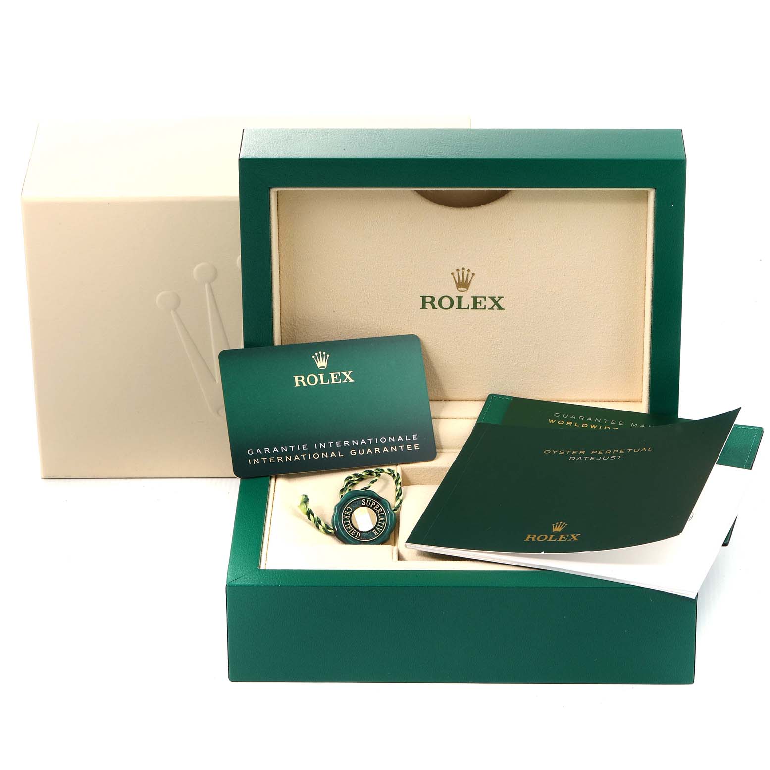 The image shows a Rolex Datejust 116234 Men's Stainless Steel Silver Dial 116234 Men's Stainless Steel Silver Dial box with its accessories, including the warranty card, tags, and manuals.