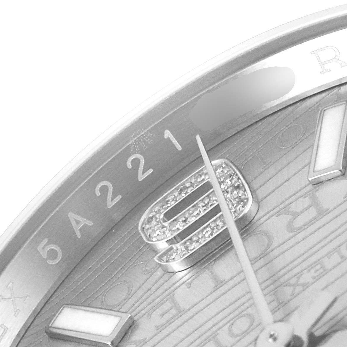 The image shows a close-up of the dial, hour markers, and part of the bezel of a Rolex Datejust 116234 Men's Stainless Steel Silver Dial 116234 Men's Stainless Steel Silver Dial watch.