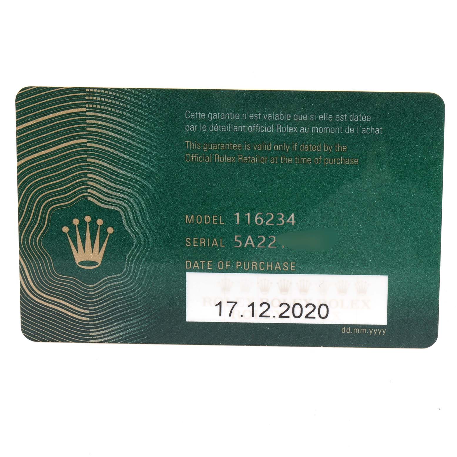 This image shows a warranty card for a Rolex Datejust 116234 Men's Stainless Steel Silver Dial 116234 Men's Stainless Steel Silver Dial model 116234, including the serial number and date of purchase.