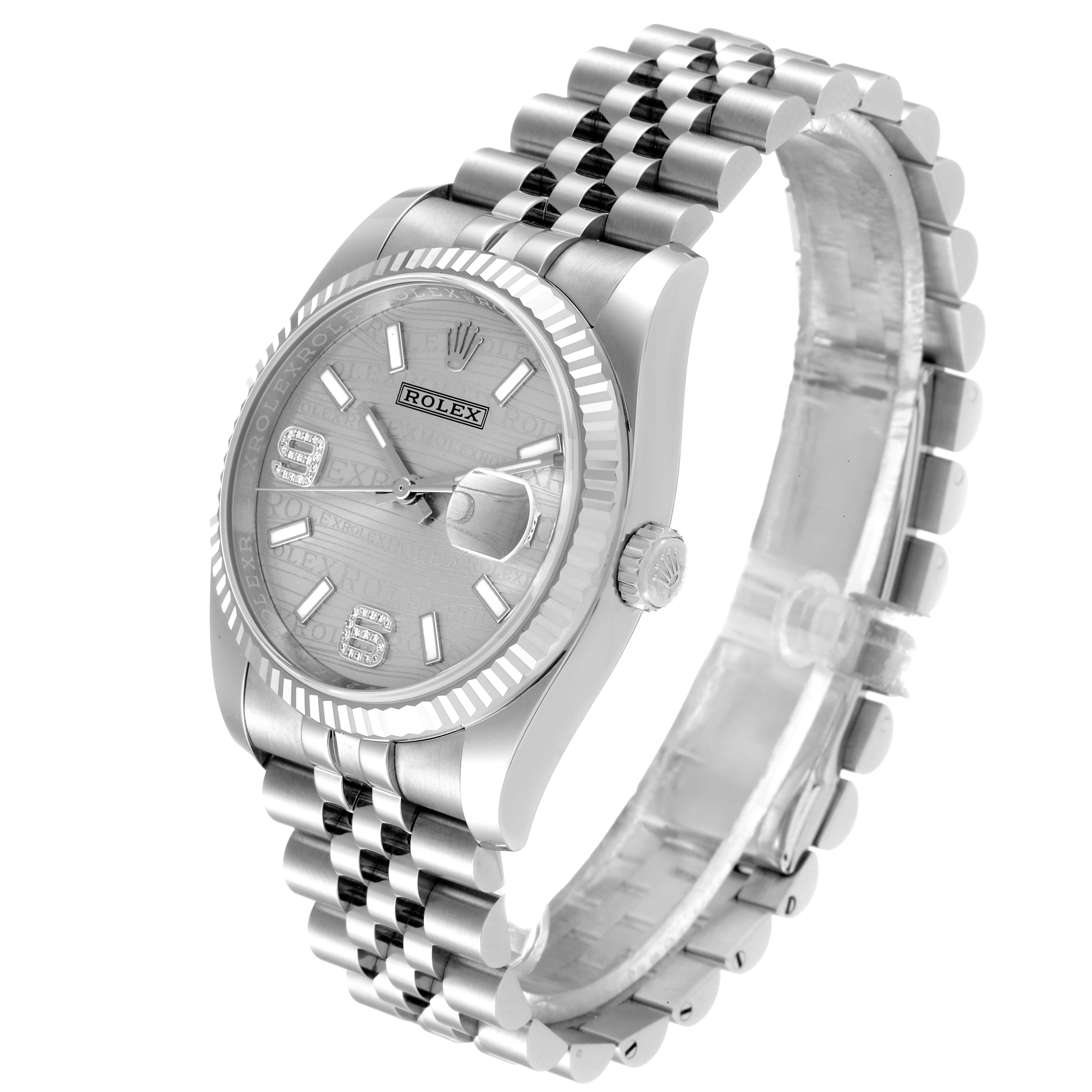 The image shows a side and frontal view of a Rolex Datejust 116234 Men's Stainless Steel Silver Dial 116234 Men's Stainless Steel Silver Dial watch, focusing on its dial, bezel, and Jubilee bracelet.