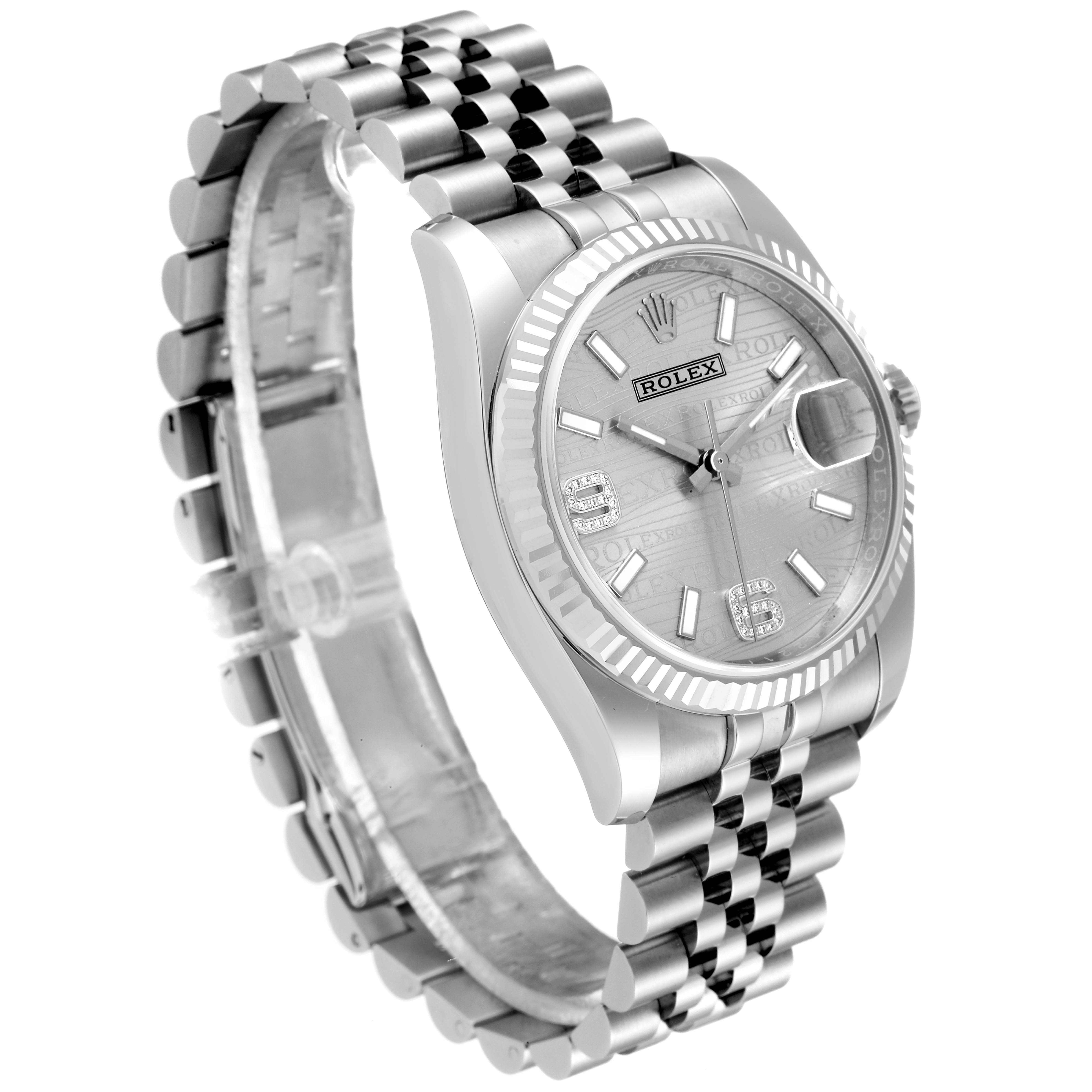 The Rolex Datejust 116234 Men's Stainless Steel Silver Dial 116234 Men's Stainless Steel Silver Dial watch is shown at a three-quarter angle, highlighting the face, fluted bezel, and Jubilee bracelet.