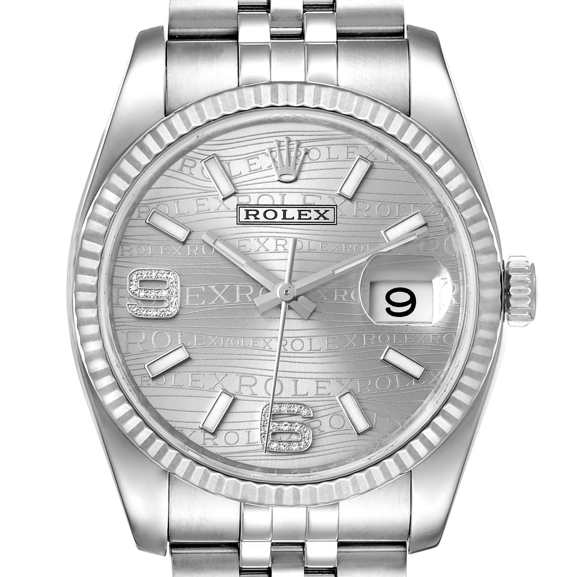 The image shows a front view of the Rolex Datejust 116234 Men's Stainless Steel Silver Dial 116234 Men's Stainless Steel Silver Dial watch, highlighting the dial, bezel, and part of the bracelet.