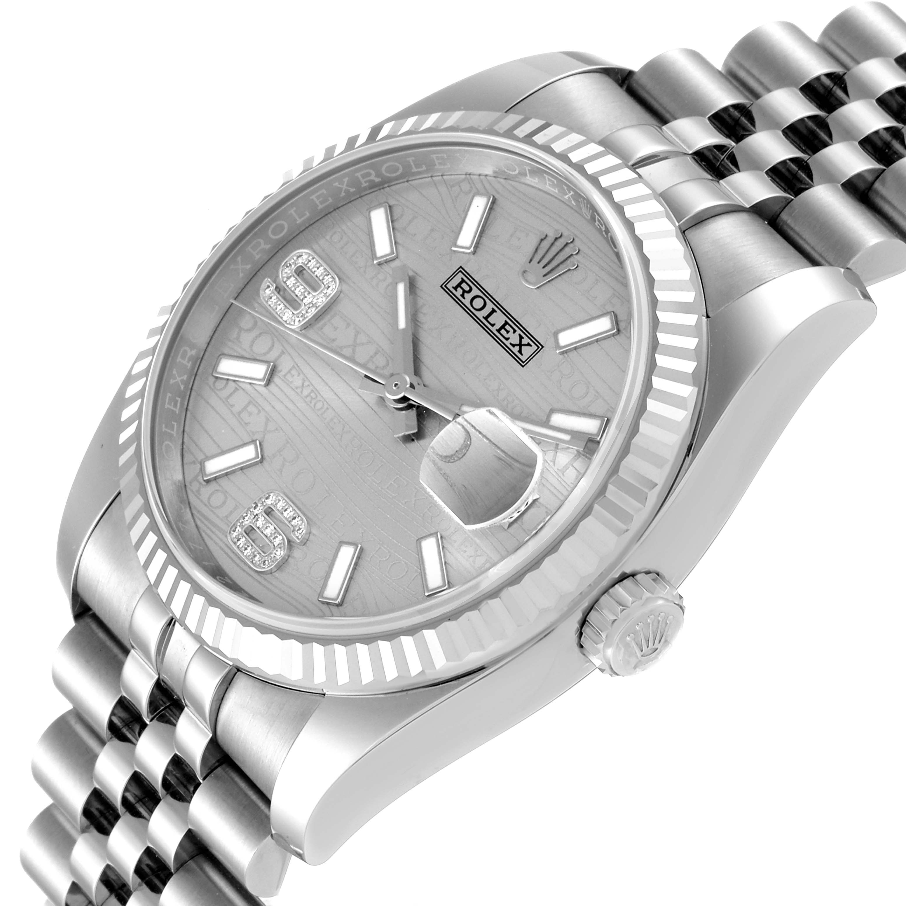 The image shows a close-up angle of a Rolex Datejust 116234 Men's Stainless Steel Silver Dial 116234 Men's Stainless Steel Silver Dial watch displaying the dial, bezel, and part of the bracelet and crown.