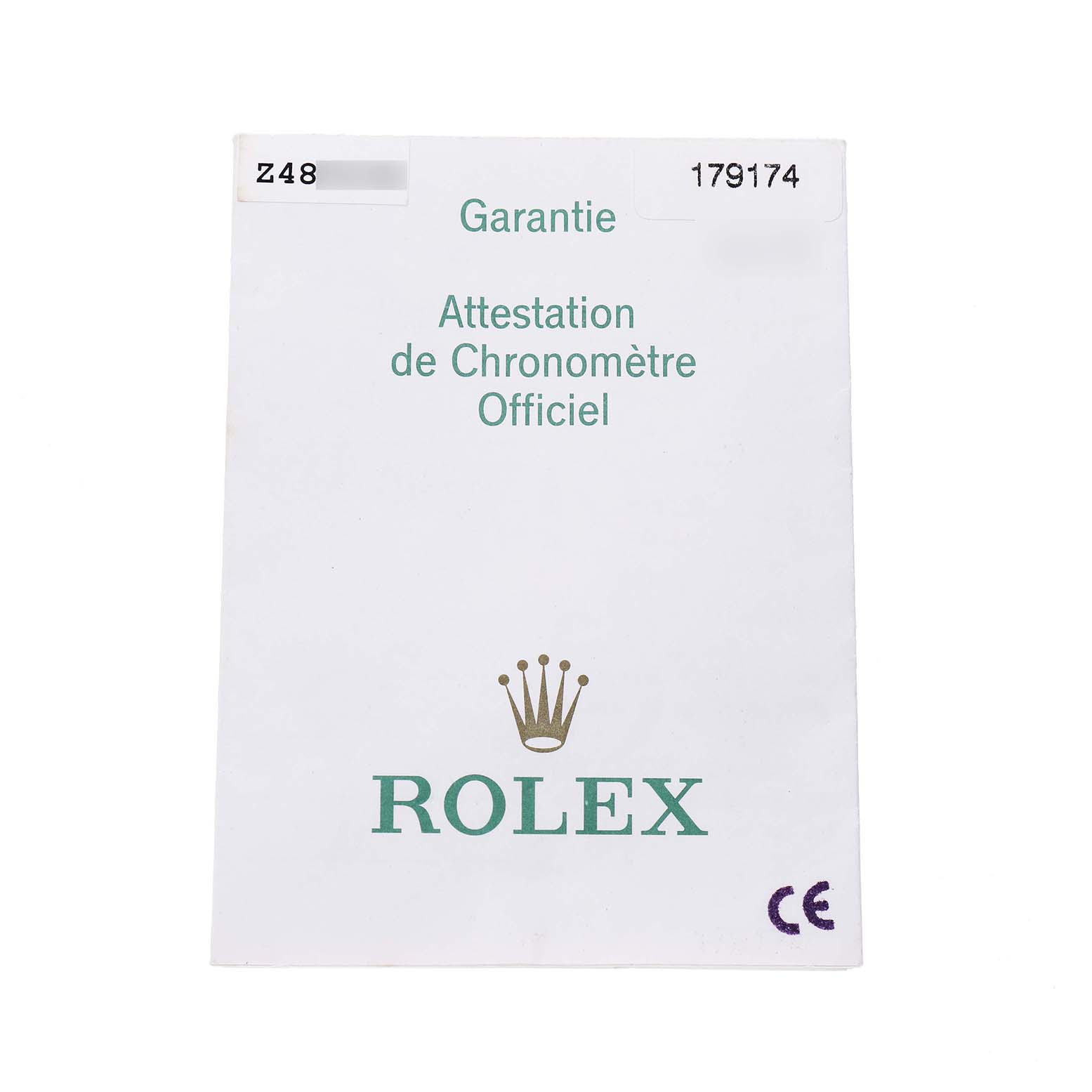 The image shows a warranty card for a Rolex Datejust 179174 Women's Stainless Steel Silver Dial, featuring the brand logo and certification text.