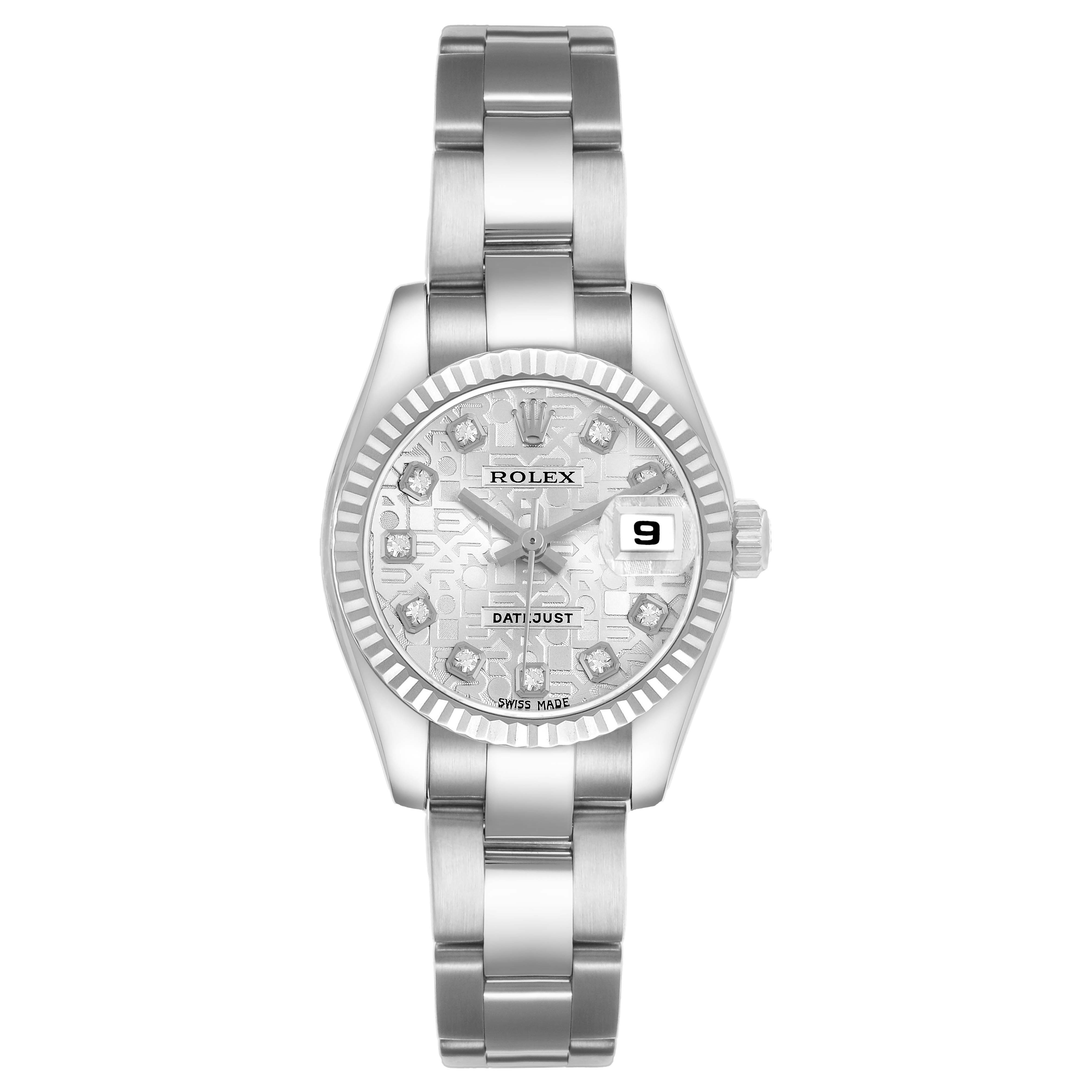 The Rolex Datejust 179174 Women's Stainless Steel Silver Dial is shown from the front, highlighting the dial, bezel, and bracelet.