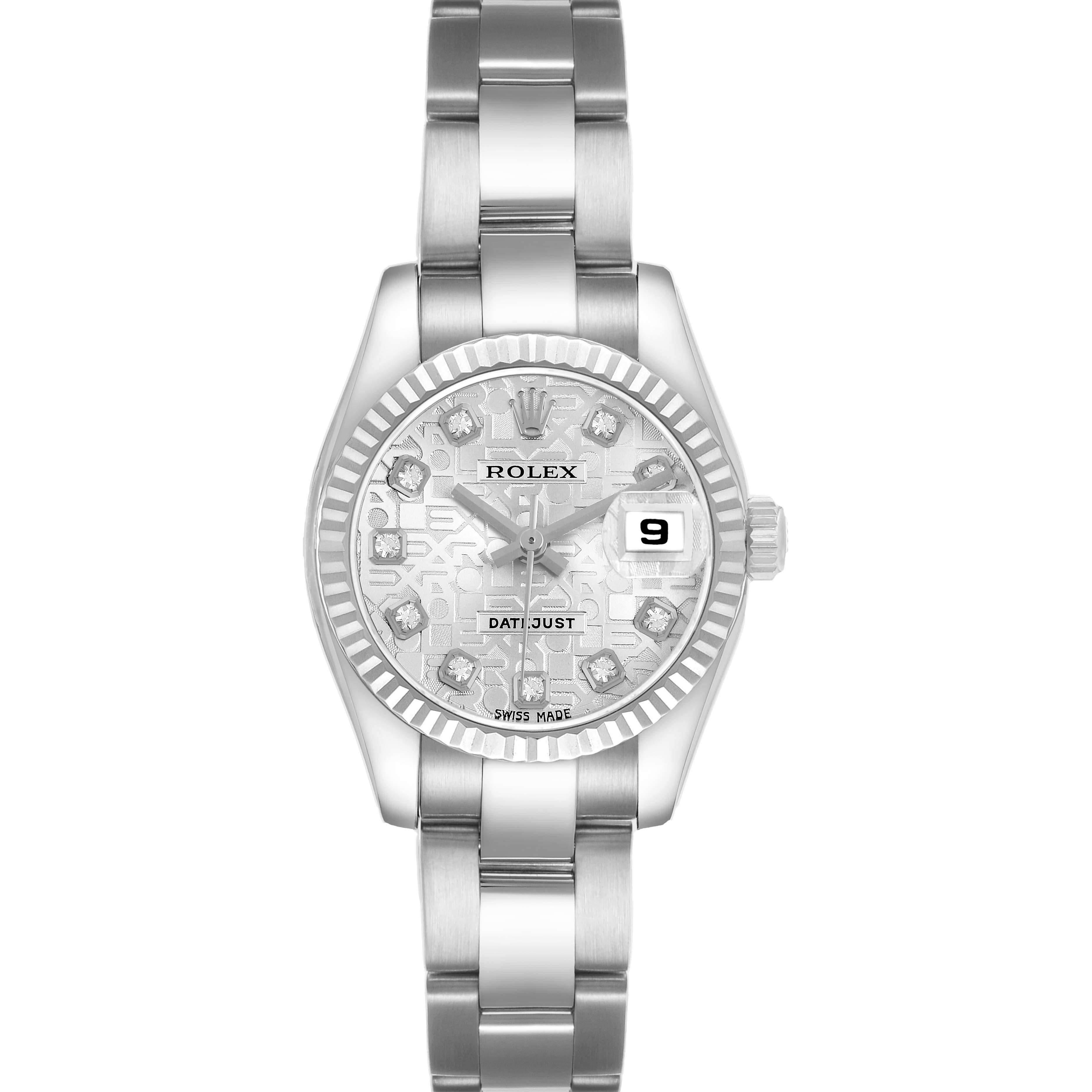 The Rolex Datejust 179174 Women's Stainless Steel Silver Dial watch is shown from the front, displaying the dial, bezel, bracelet, and date indicator.