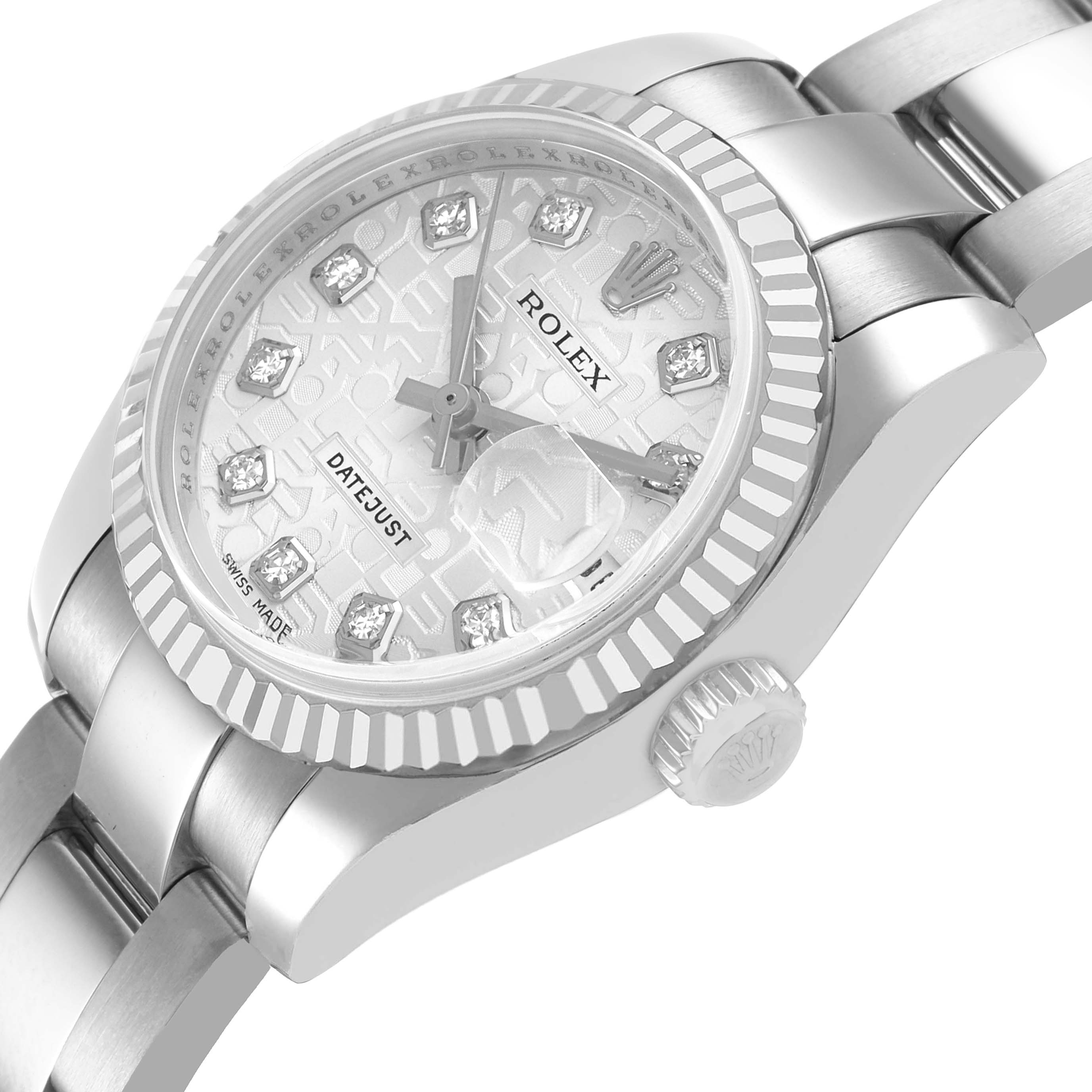 The Rolex Datejust 179174 Women's Stainless Steel Silver Dial watch is shown at an angled side view, highlighting the dial, bezel, and a portion of the bracelet.