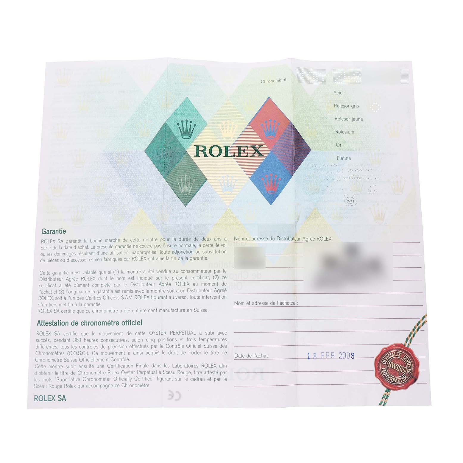The image shows the warranty certificate for a Rolex Datejust 179174 Women's Stainless Steel Silver Dial, featuring text, logos, and an official seal.