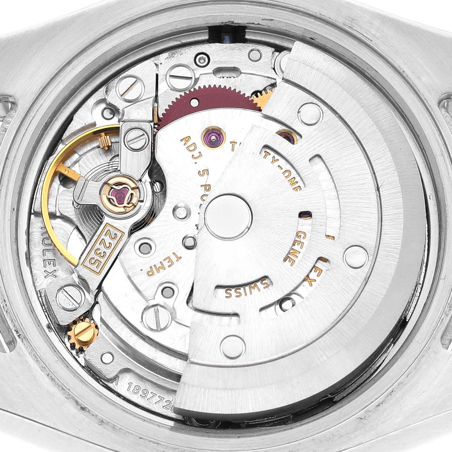 The image shows the movement and internal mechanics of a Rolex Datejust 179174 Women's Stainless Steel Silver Dial watch from a top-down angle.