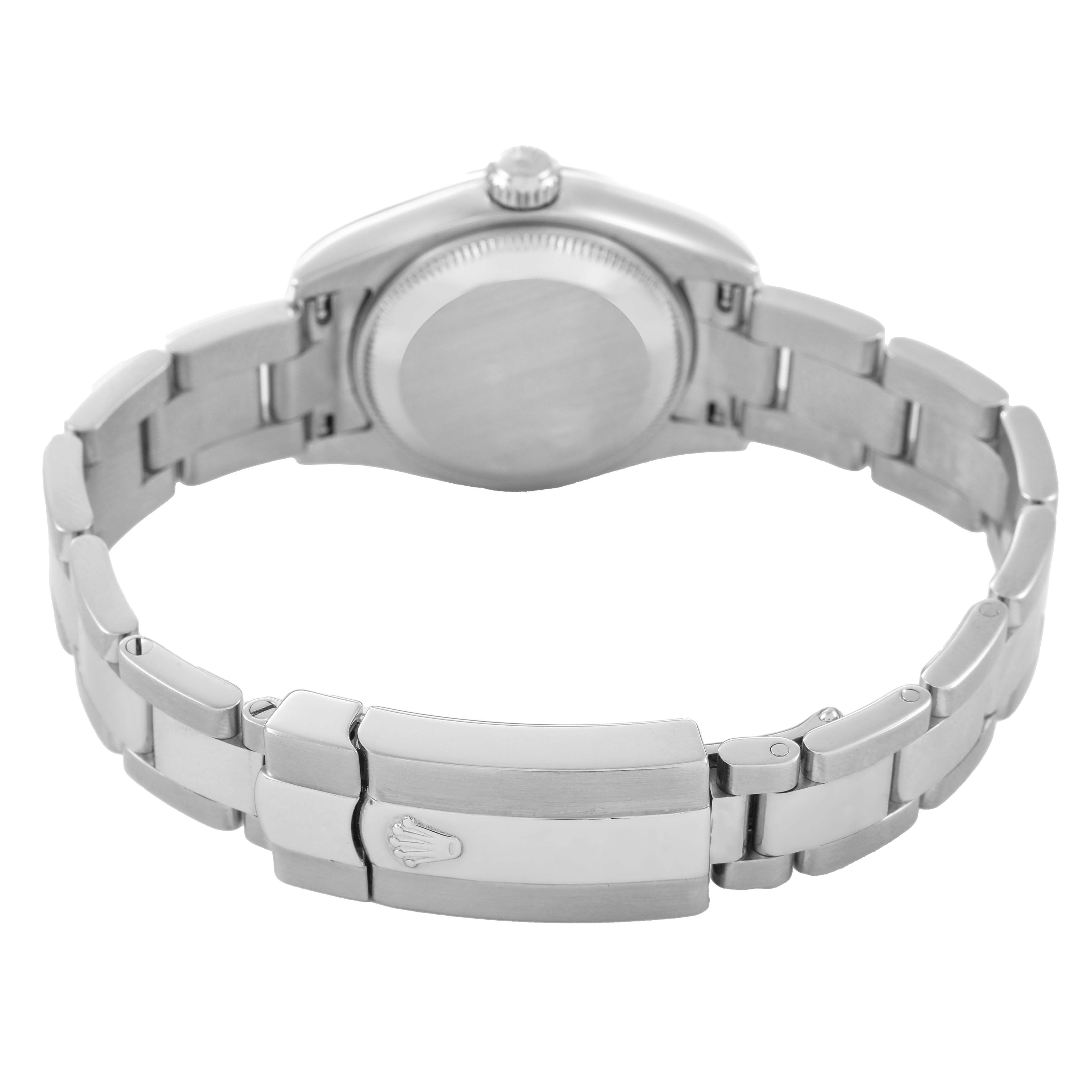 The image shows the back view of a Rolex Datejust 179174 Women's Stainless Steel Silver Dial, highlighting the bracelet and clasp.