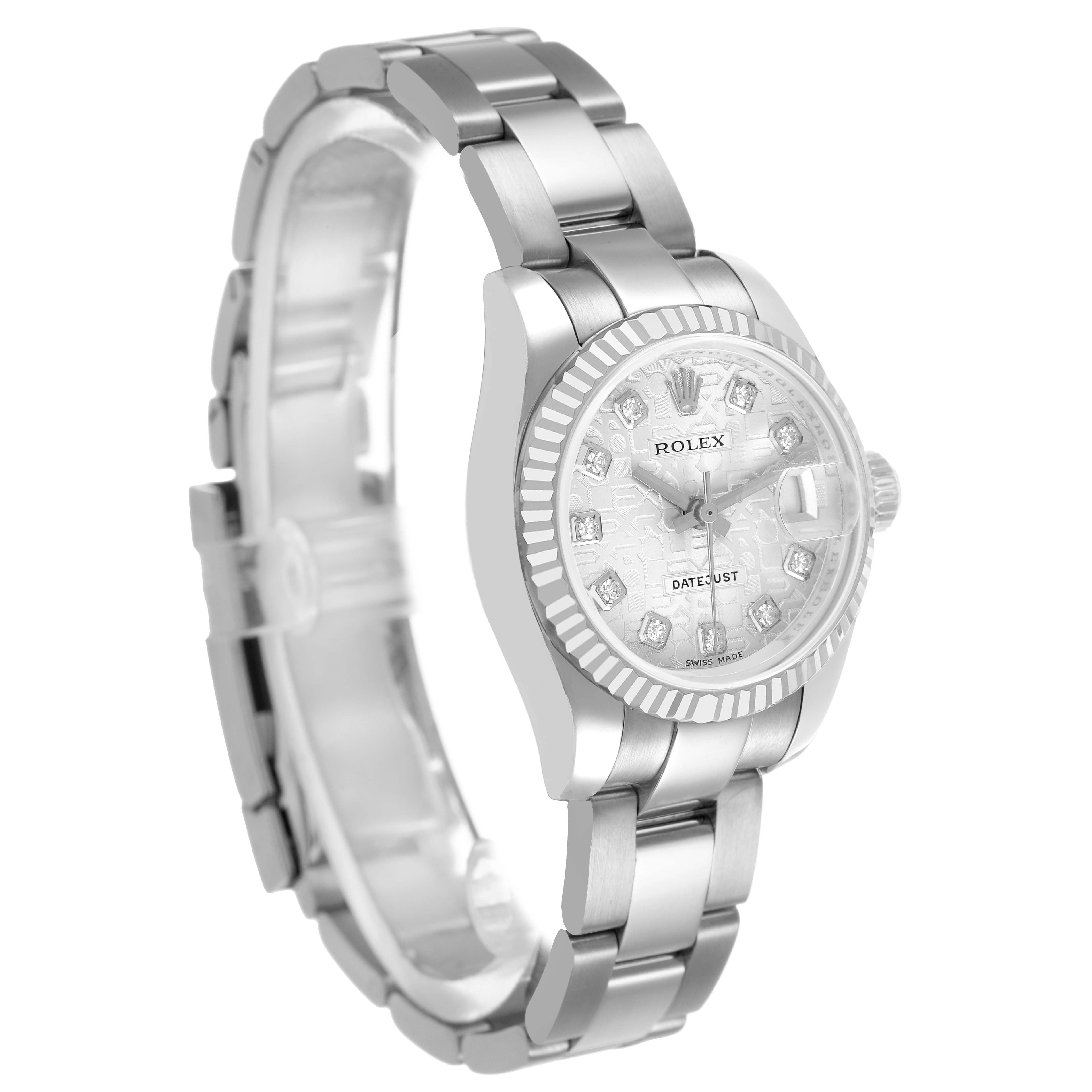 The Rolex Datejust 179174 Women's Stainless Steel Silver Dial watch is shown from an angled side view, highlighting the dial, bezel, and bracelet.